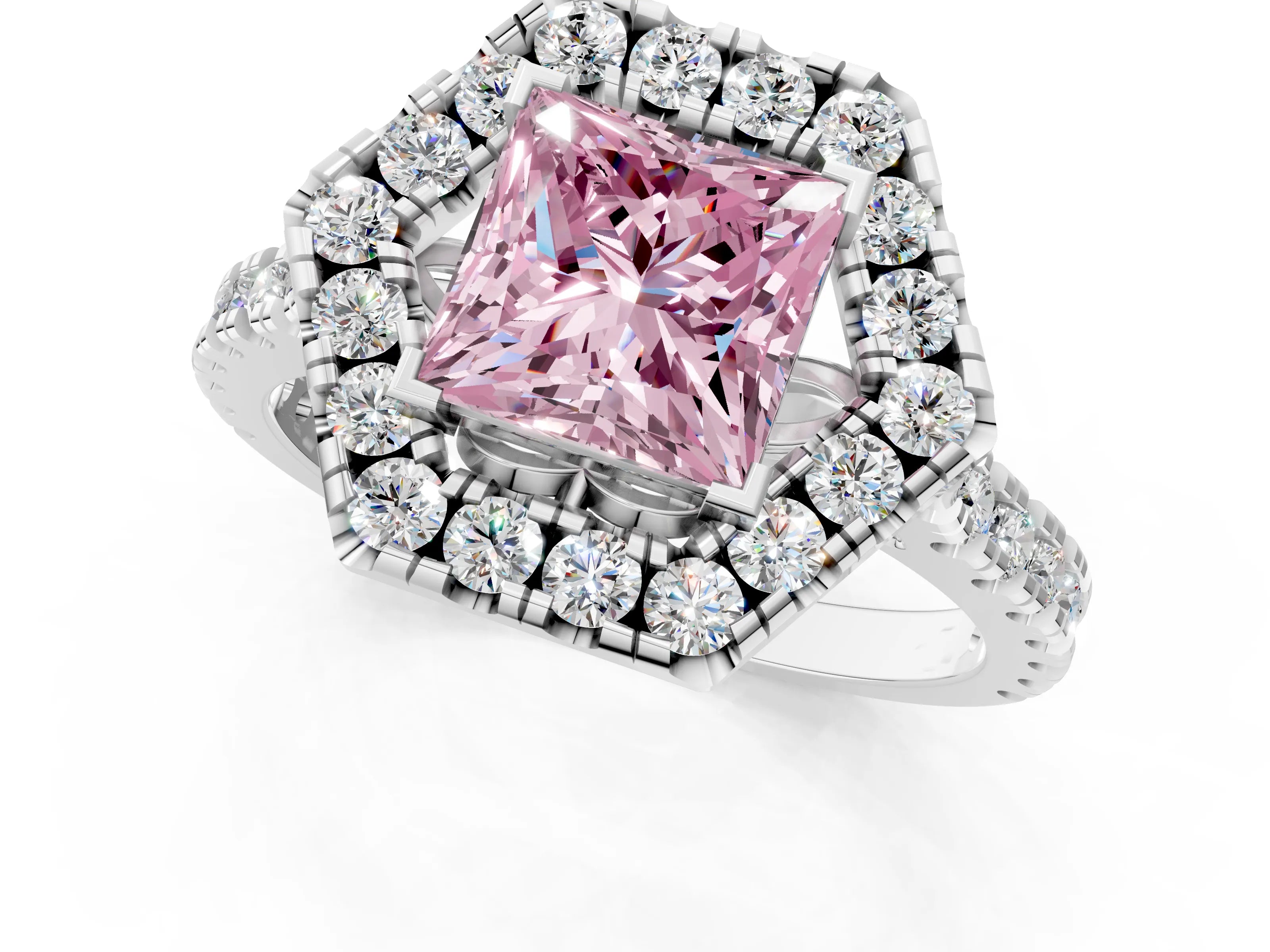 White gold Hexagonal Halo Fancy Pink Princess Cut Diamond Pavé Band with Four-Prong Setting_1