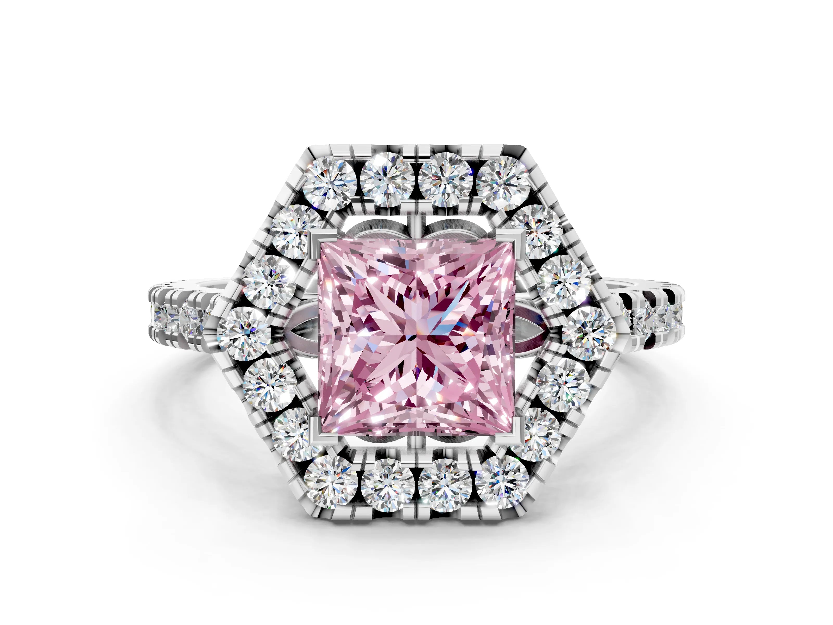 White gold Hexagonal Halo Fancy Pink Princess Cut Diamond Pavé Band with Four-Prong Setting