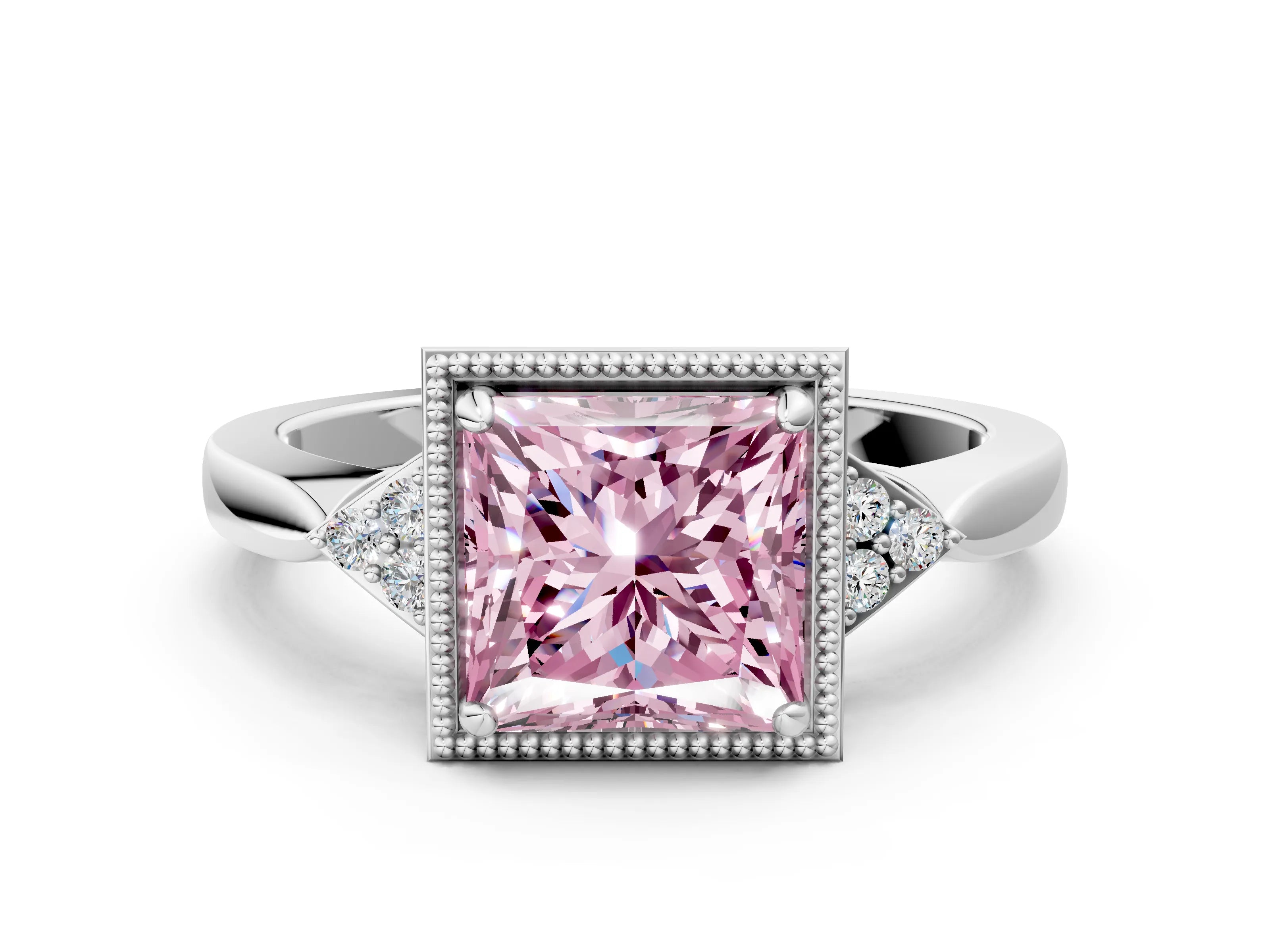 White gold Hexagonal Halo Fancy Pink Princess Cut Diamond Solitaire with Pavé Band and Four-Prong Setting_15