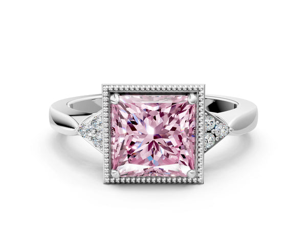 White gold Hexagonal Halo Fancy Pink Princess Cut Diamond Solitaire with Pavé Band and Four-Prong Setting
