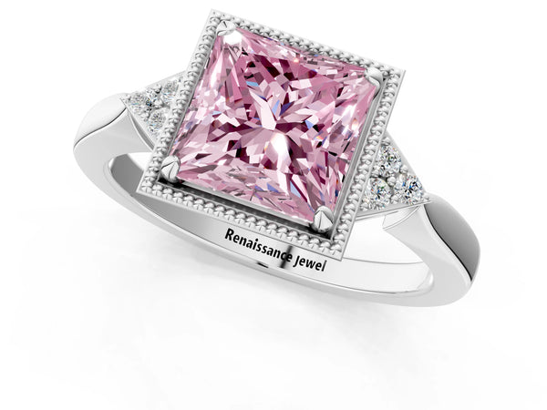 White gold Hexagonal Halo Fancy Pink Princess Cut Diamond Solitaire with Pavé Band and Four-Prong Setting