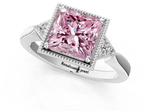 White gold Hexagonal Halo Fancy Pink Princess Cut Diamond Solitaire with Pavé Band and Four-Prong Setting_16