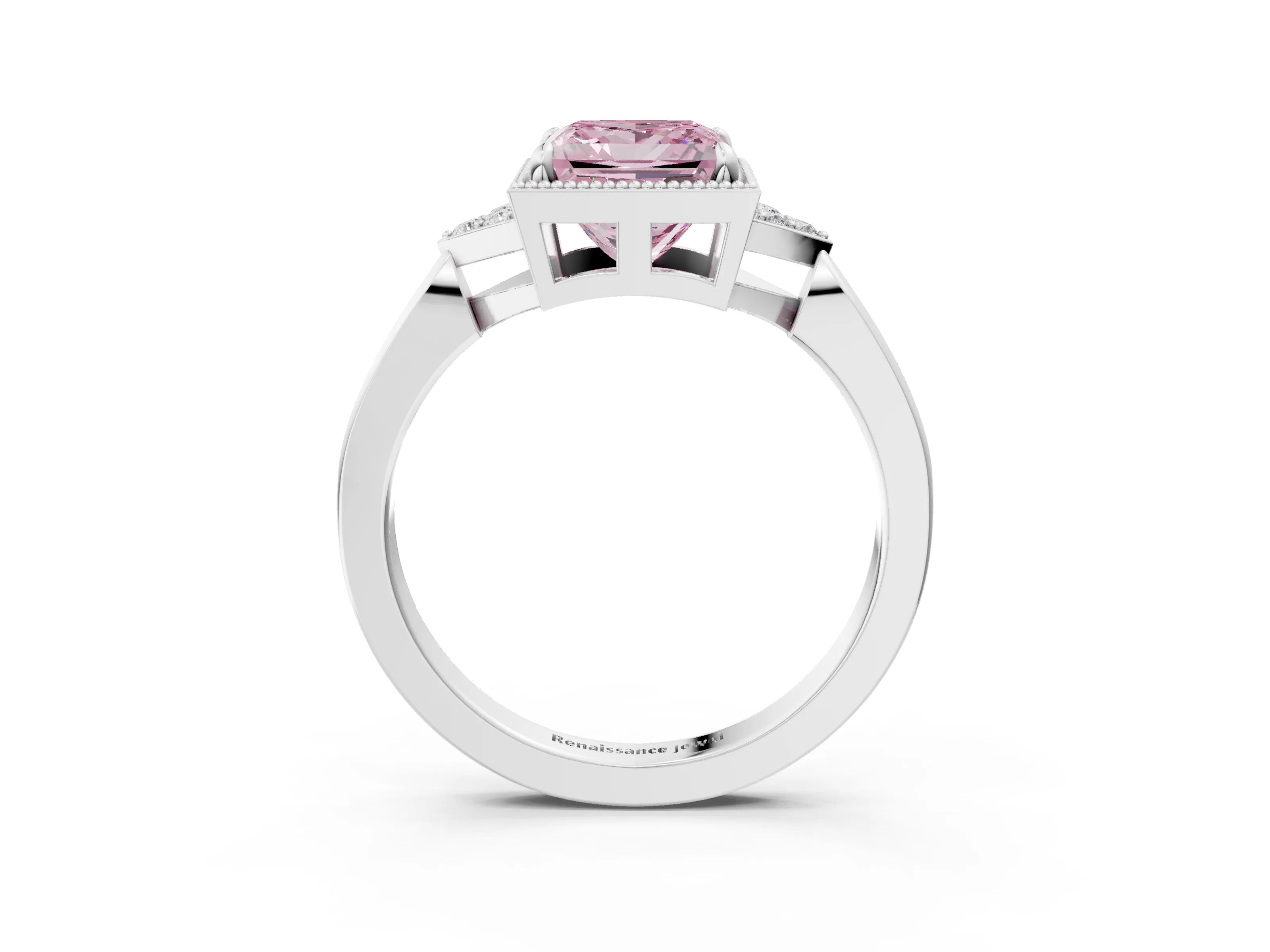 White gold Hexagonal Halo Fancy Pink Princess Cut Diamond Solitaire with Pavé Band and Four-Prong Setting_18