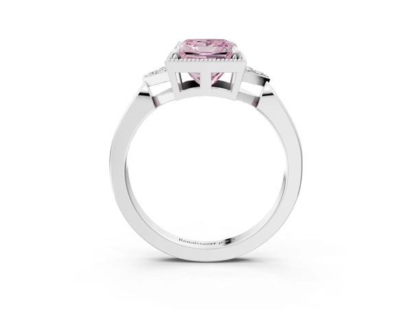 White gold Hexagonal Halo Fancy Pink Princess Cut Diamond Solitaire with Pavé Band and Four-Prong Setting