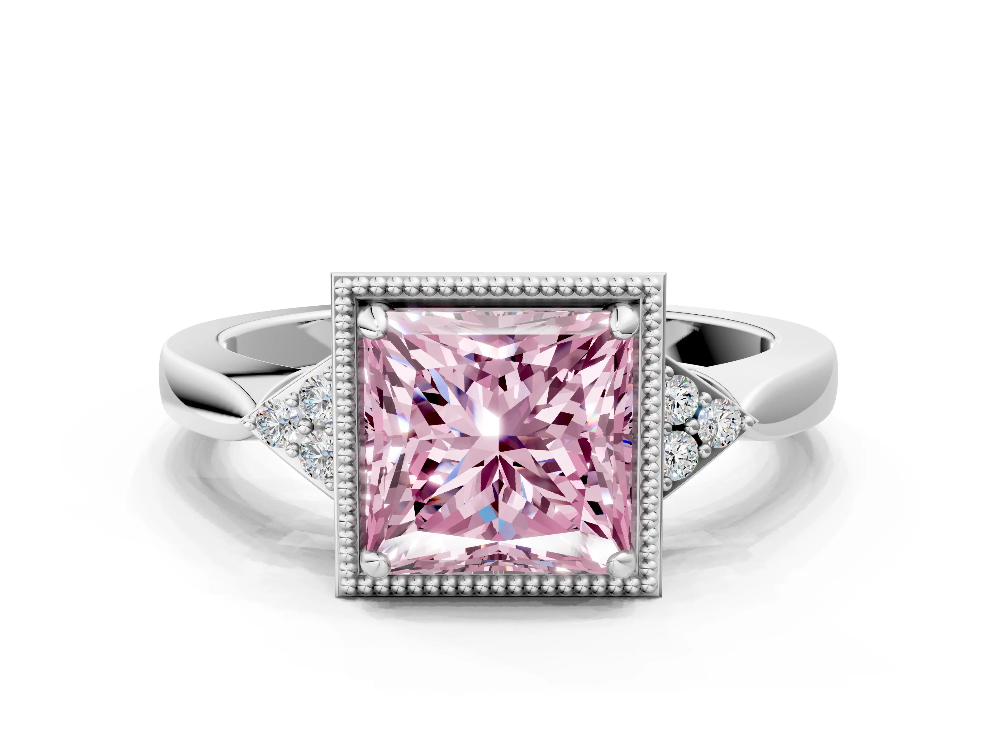 White gold Hexagonal Halo Fancy Pink Princess Cut Diamond Solitaire with Pavé Band and Four-Prong Setting_3