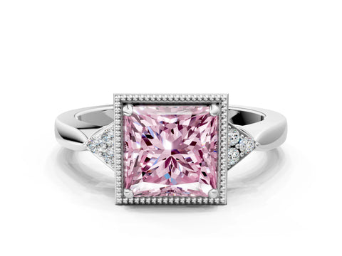 White gold Hexagonal Halo Fancy Pink Princess Cut Diamond Solitaire with Pavé Band and Four-Prong Setting_3