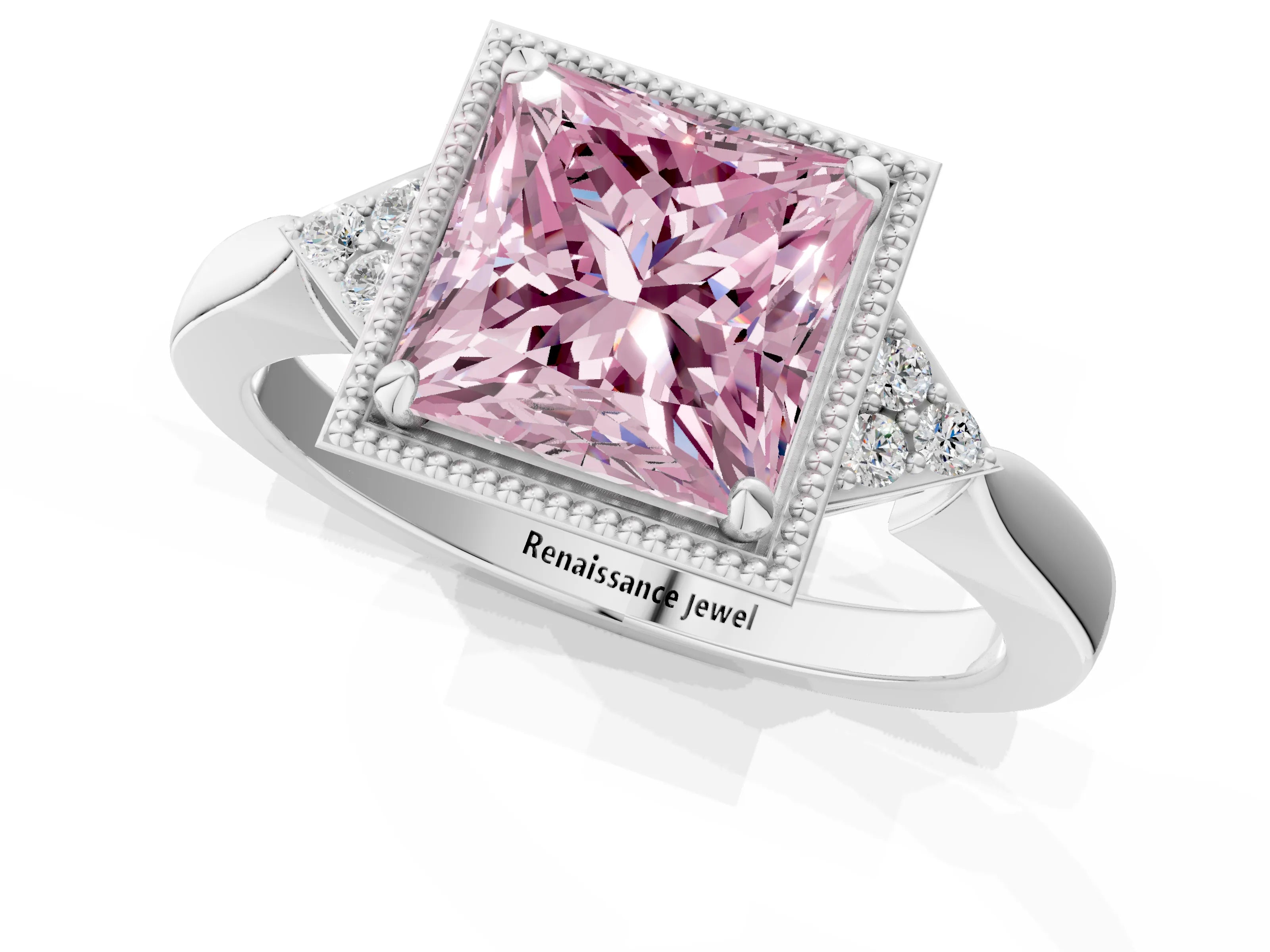 White gold Hexagonal Halo Fancy Pink Princess Cut Diamond Solitaire with Pavé Band and Four-Prong Setting_4