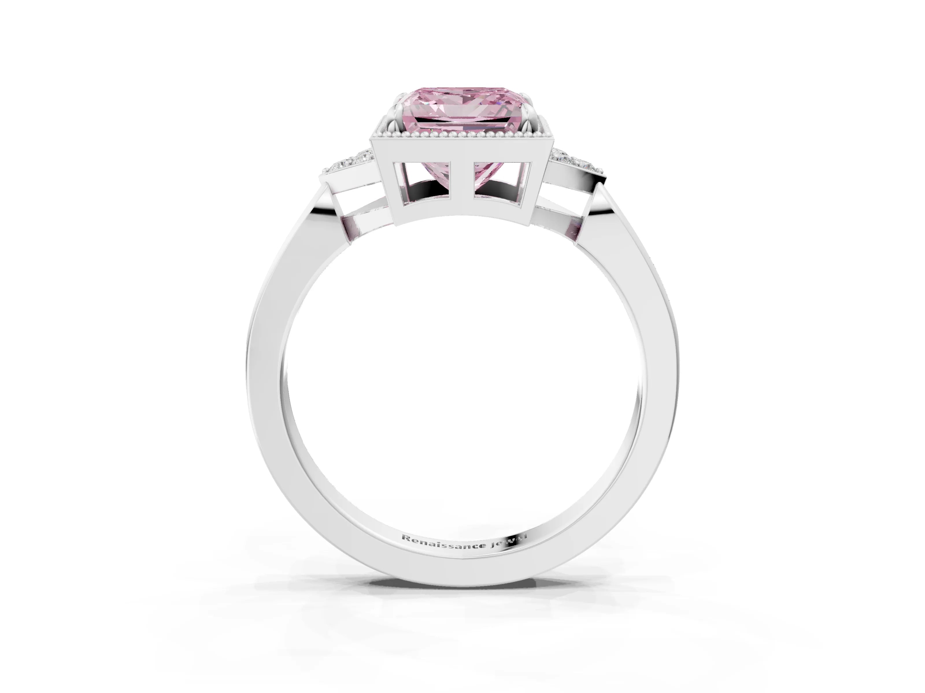 White gold Hexagonal Halo Fancy Pink Princess Cut Diamond Solitaire with Pavé Band and Four-Prong Setting_6