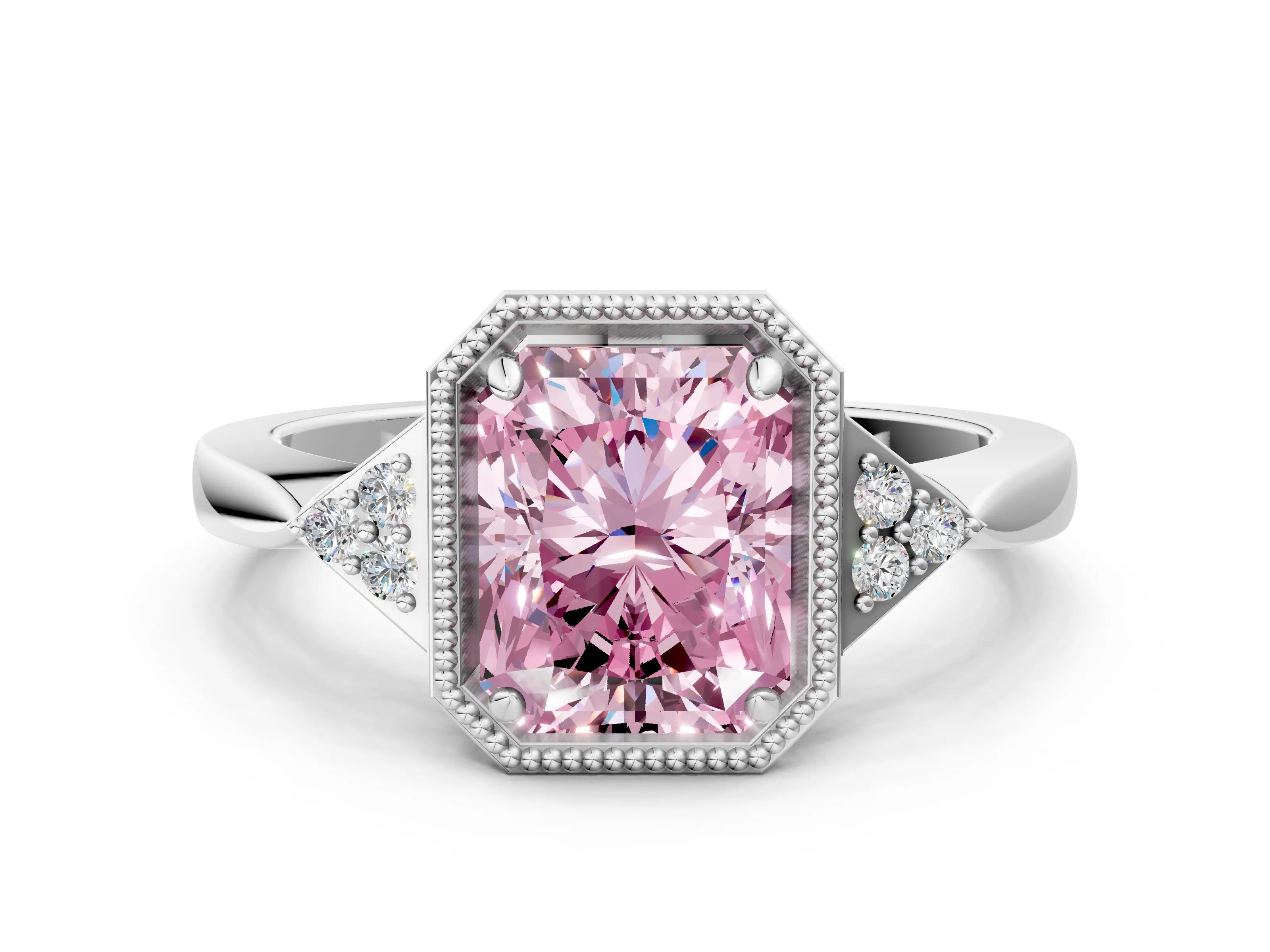 White gold Hexagonal Halo Fancy Pink Radiant Cut Diamond Solitaire with Pavé Band and Four-Prong Setting_15