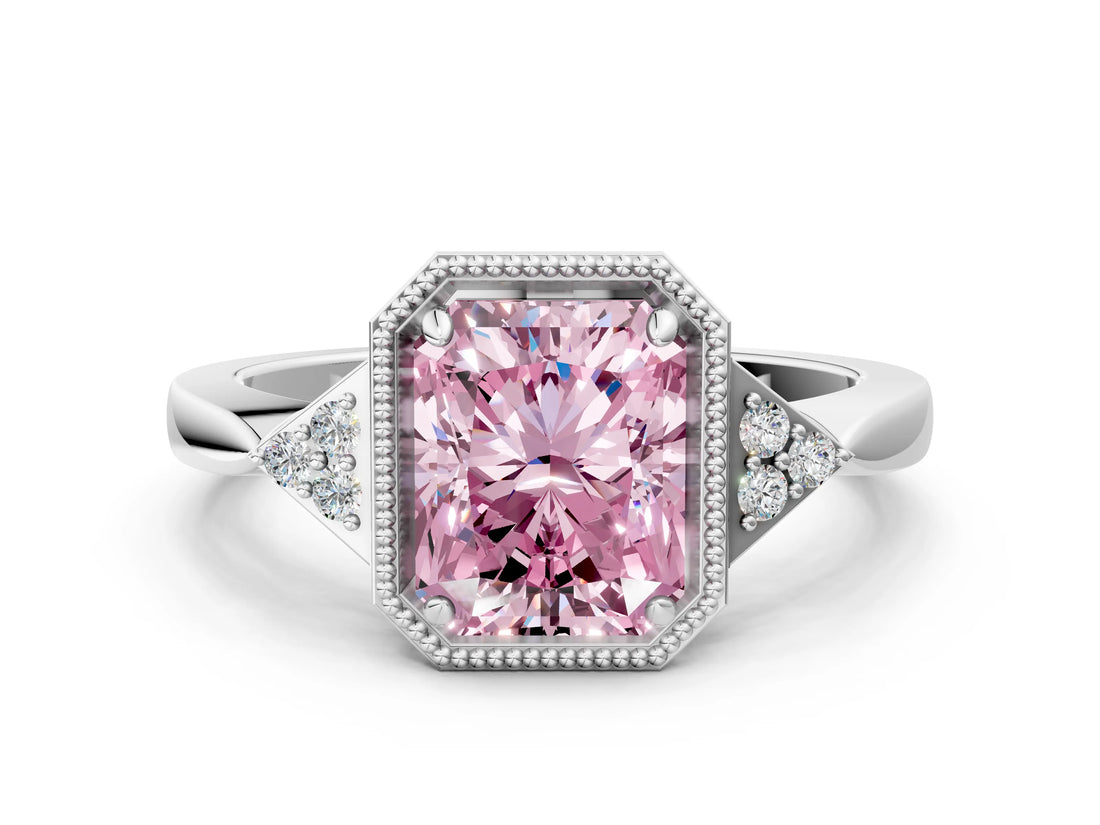 White gold Hexagonal Halo Fancy Pink Radiant Cut Diamond Solitaire with Pavé Band and Four-Prong Setting_15