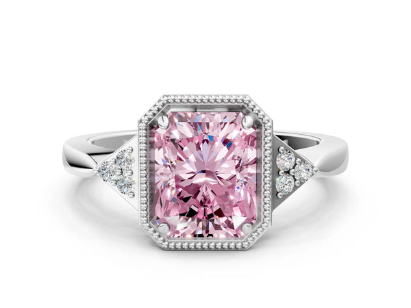 White gold Hexagonal Halo Fancy Pink Radiant Cut Diamond Solitaire with Pavé Band and Four-Prong Setting