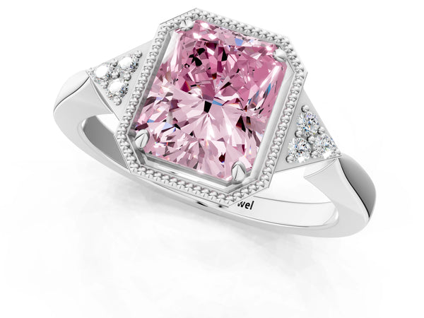 White gold Hexagonal Halo Fancy Pink Radiant Cut Diamond Solitaire with Pavé Band and Four-Prong Setting