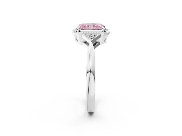 White gold Hexagonal Halo Fancy Pink Radiant Cut Diamond Solitaire with Pavé Band and Four-Prong Setting