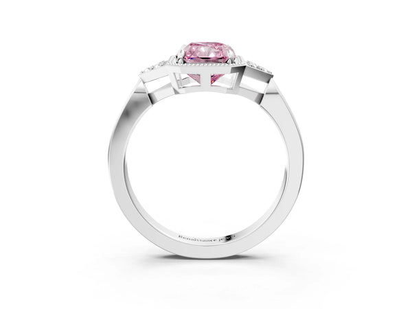 White gold Hexagonal Halo Fancy Pink Radiant Cut Diamond Solitaire with Pavé Band and Four-Prong Setting