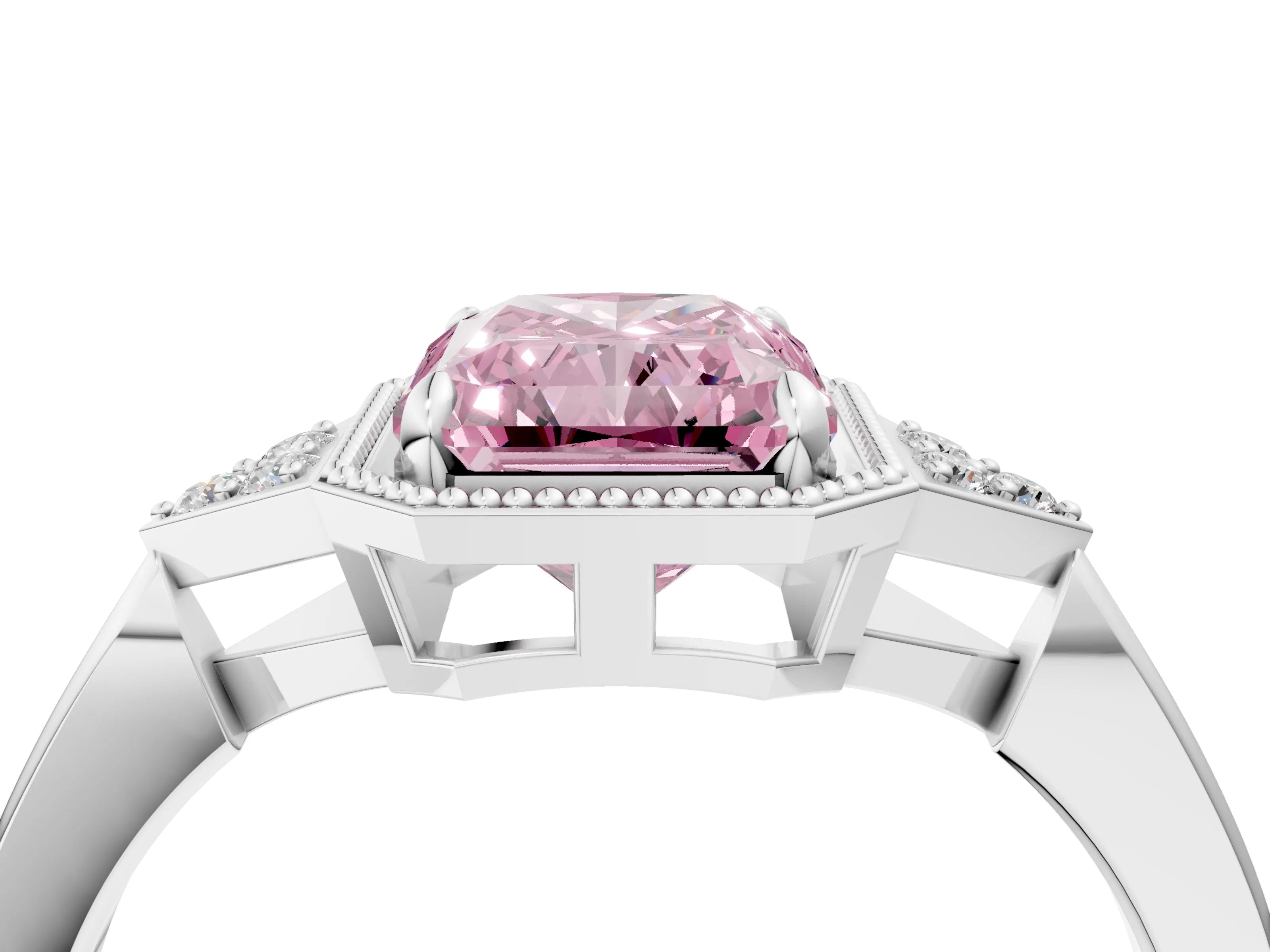 White gold Hexagonal Halo Fancy Pink Radiant Cut Diamond Solitaire with Pavé Band and Four-Prong Setting_19