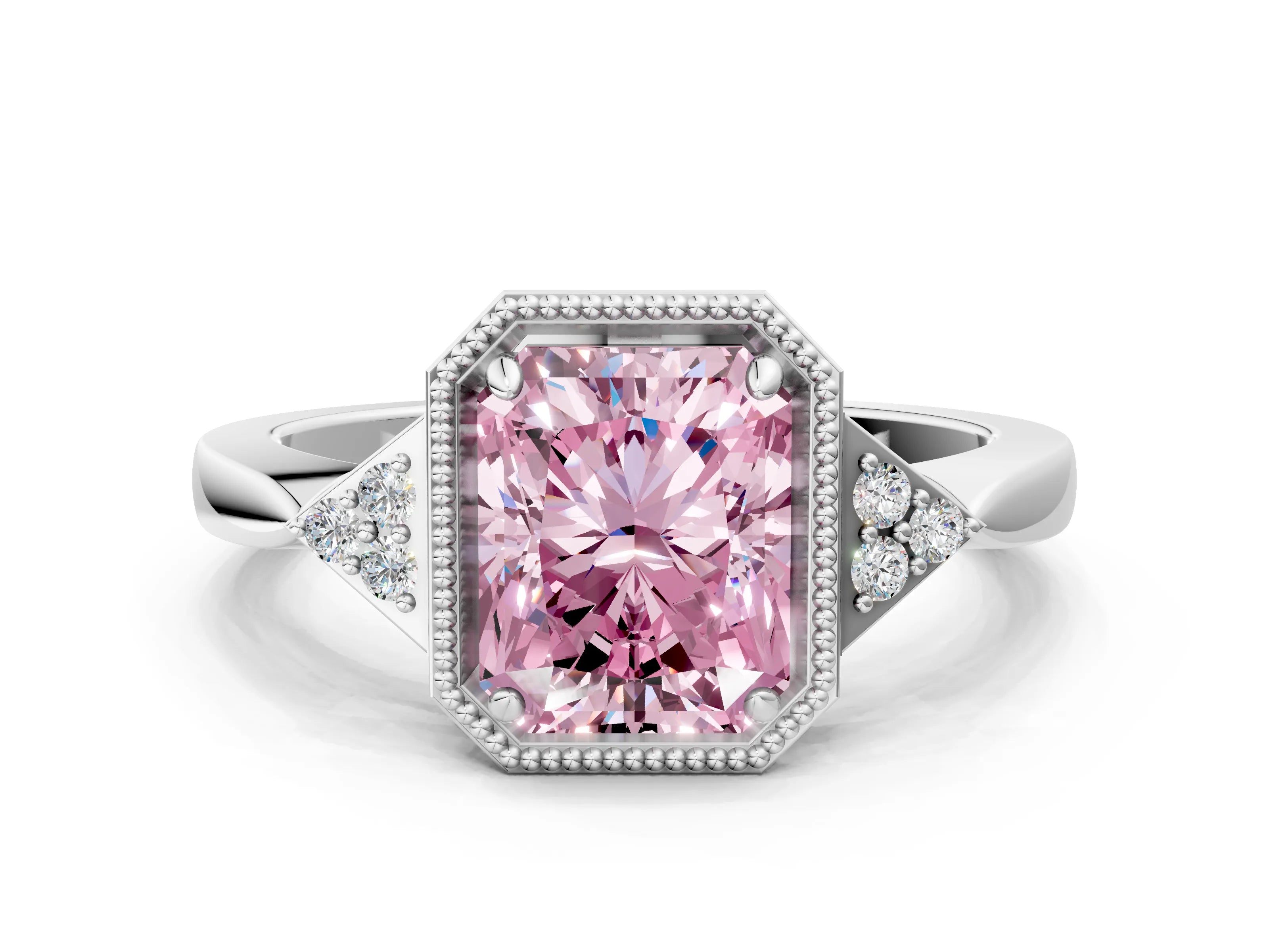 White gold Hexagonal Halo Fancy Pink Radiant Cut Diamond Solitaire with Pavé Band and Four-Prong Setting_3
