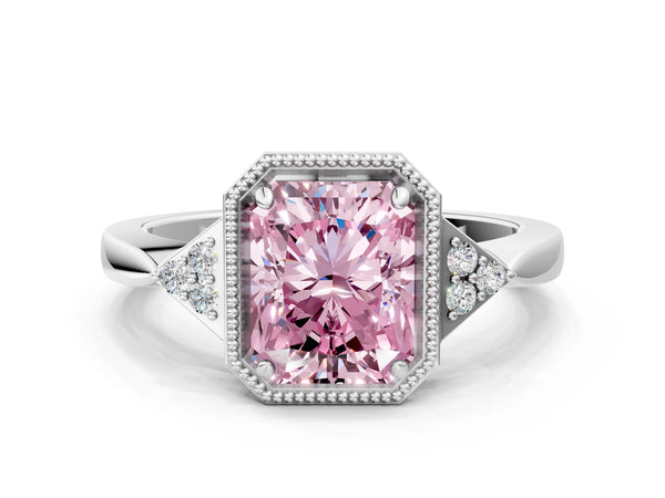 White gold Hexagonal Halo Fancy Pink Radiant Cut Diamond Solitaire with Pavé Band and Four-Prong Setting