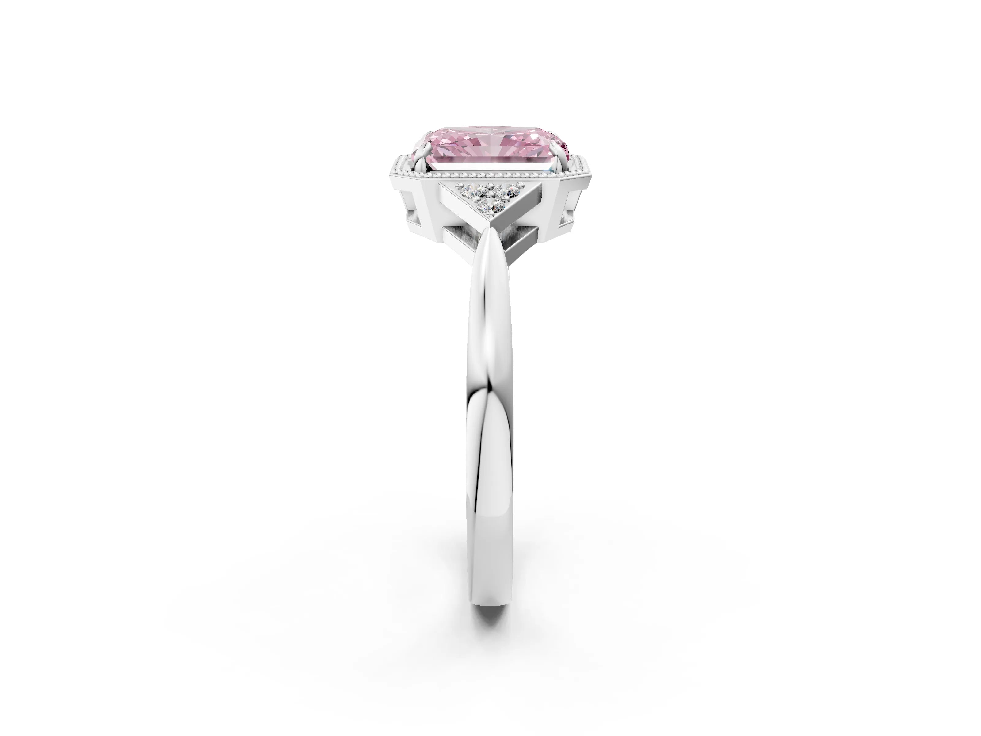 White gold Hexagonal Halo Fancy Pink Radiant Cut Diamond Solitaire with Pavé Band and Four-Prong Setting_5
