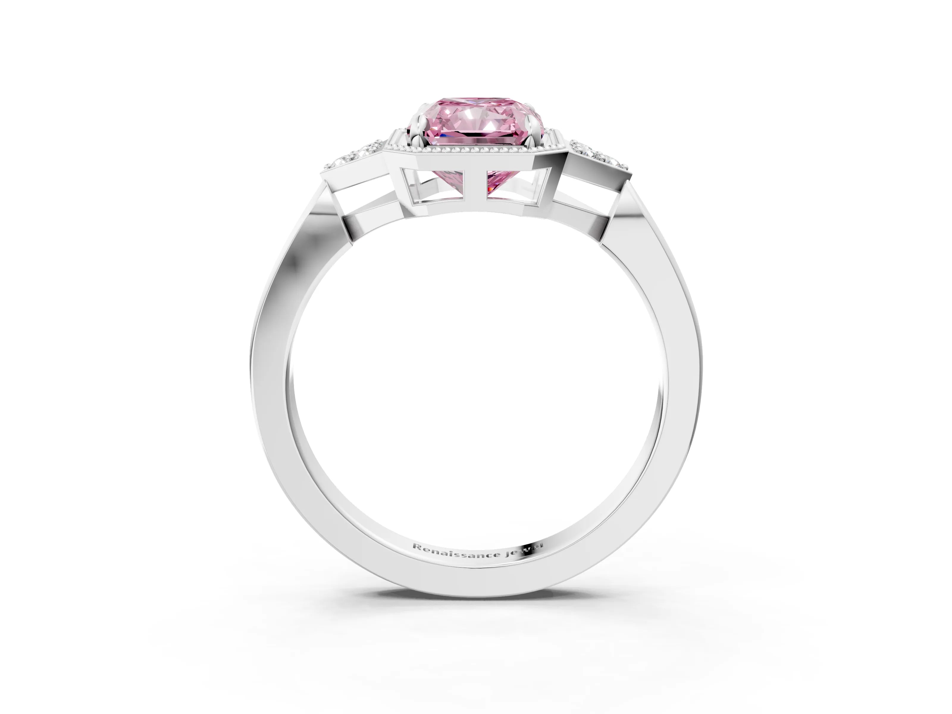 White gold Hexagonal Halo Fancy Pink Radiant Cut Diamond Solitaire with Pavé Band and Four-Prong Setting_6