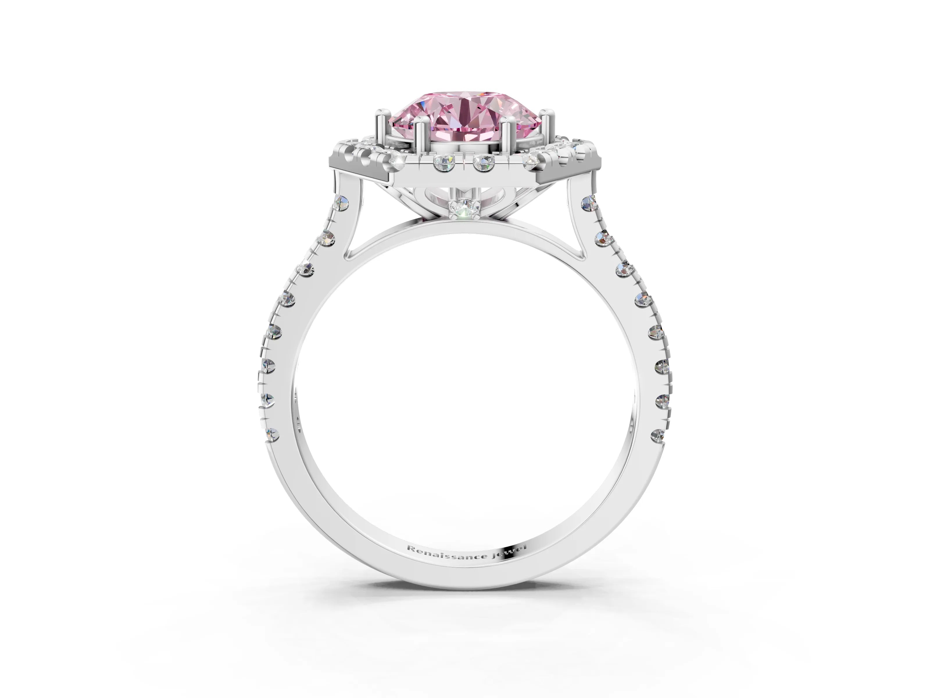White gold Hexagonal Halo Fancy Pink Round Cut Diamond Pavé Band with Four-Prong Setting_3