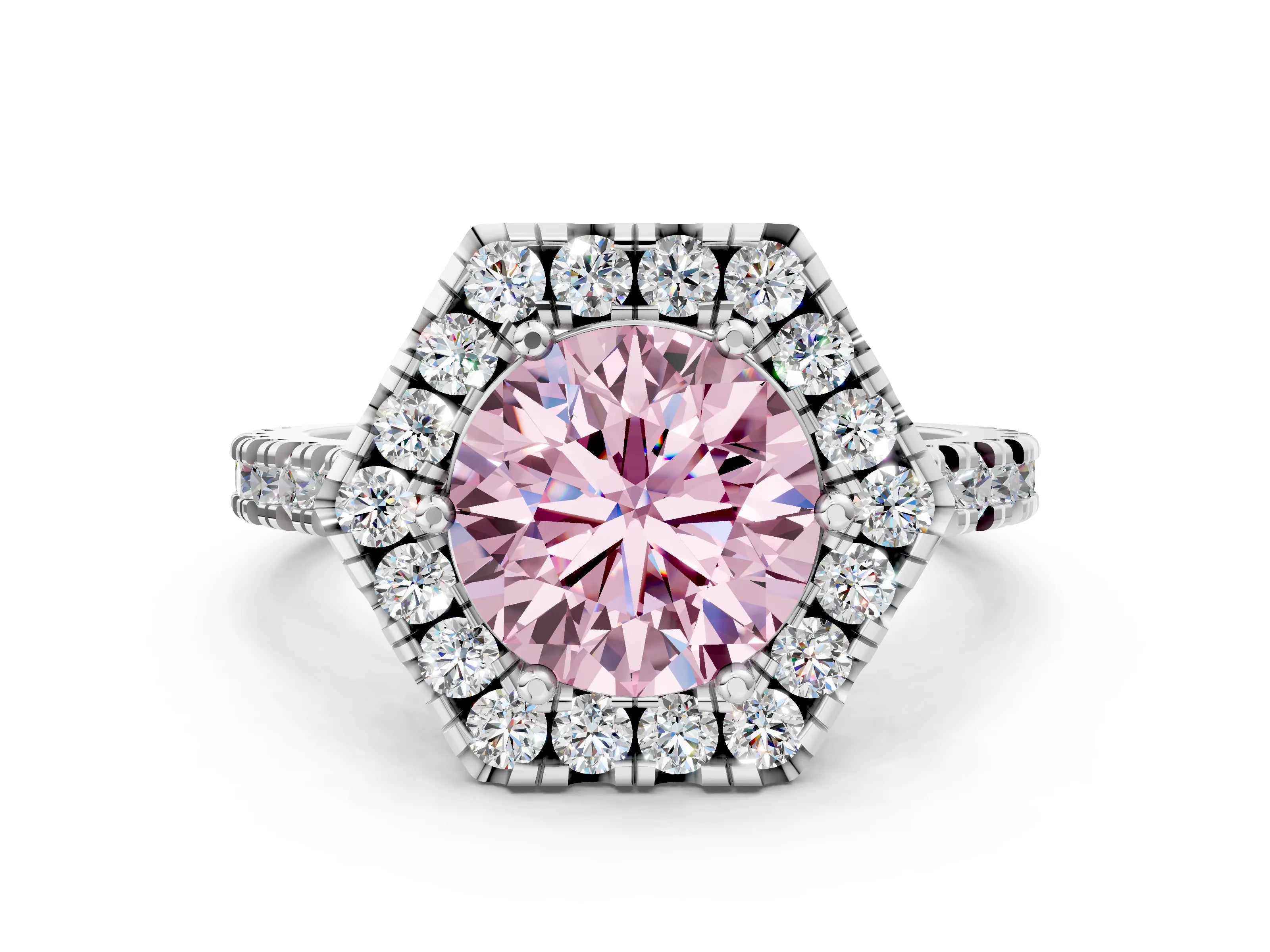 White gold Hexagonal Halo Fancy Pink Round Cut Diamond Pavé Band with Four-Prong Setting