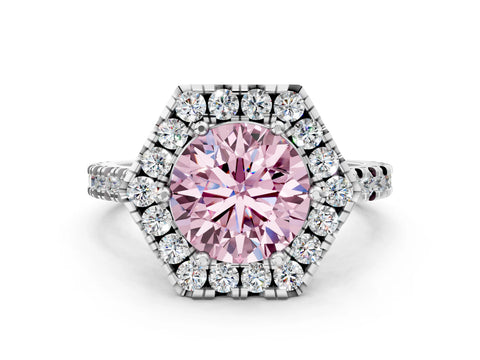 White gold Hexagonal Halo Fancy Pink Round Cut Diamond Pavé Band with Four-Prong Setting