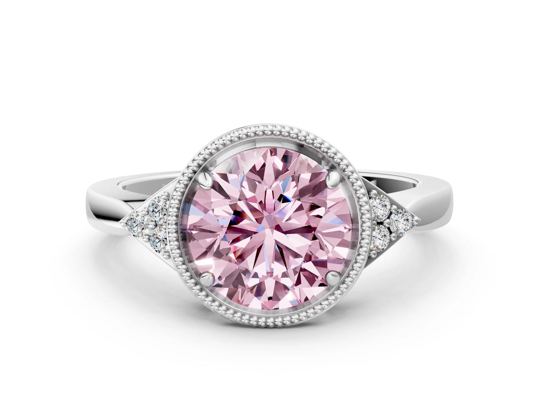 White gold Hexagonal Halo Fancy Pink Round Cut Diamond Solitaire with Pavé Band and Four-Prong Setting_15