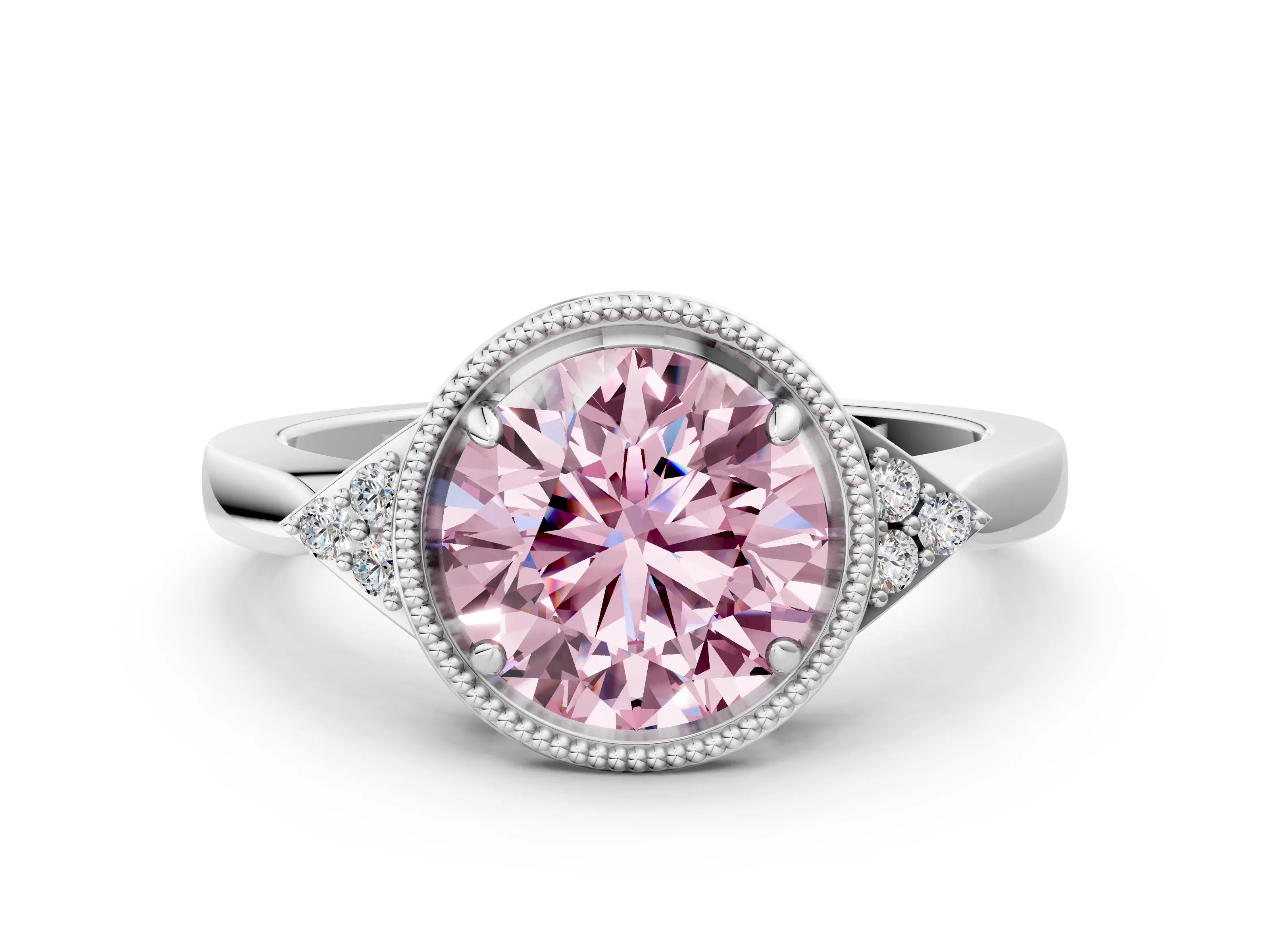 White gold Hexagonal Halo Fancy Pink Round Cut Diamond Solitaire with Pavé Band and Four-Prong Setting_15