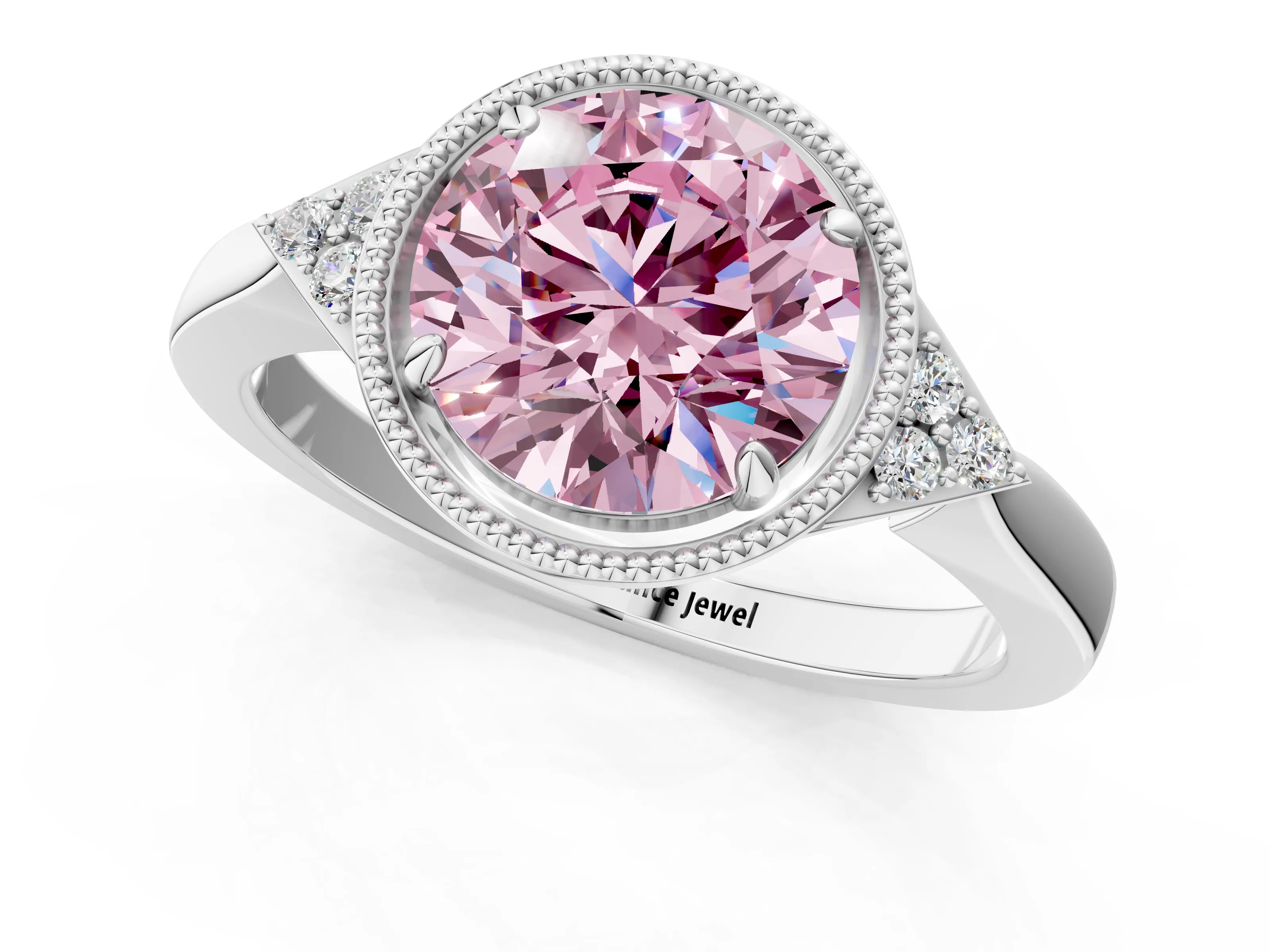 White gold Hexagonal Halo Fancy Pink Round Cut Diamond Solitaire with Pavé Band and Four-Prong Setting_16