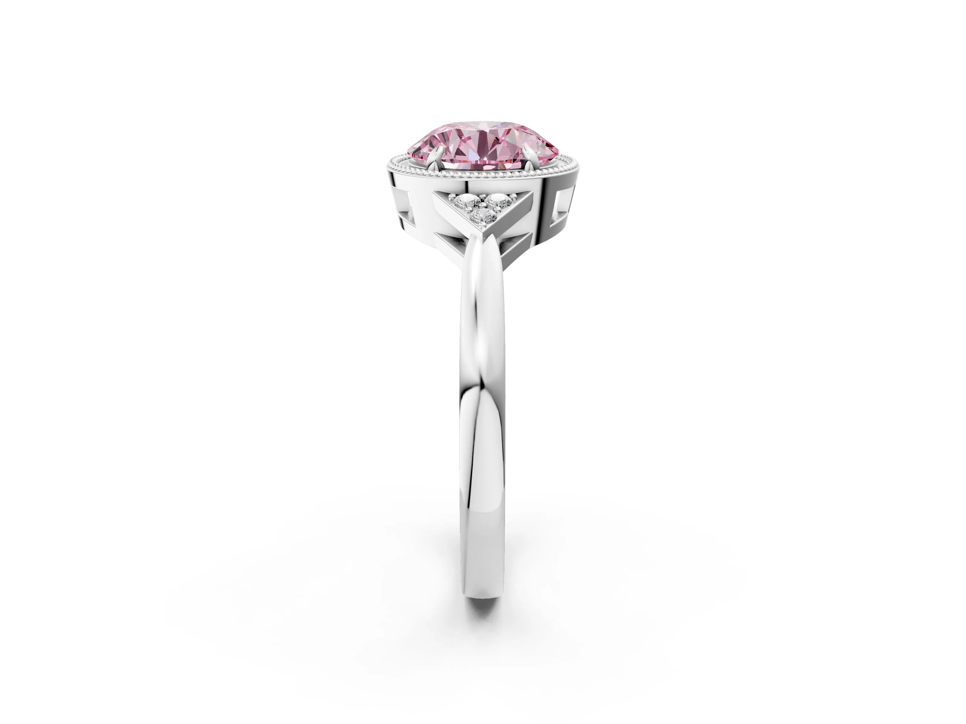 White gold Hexagonal Halo Fancy Pink Round Cut Diamond Solitaire with Pavé Band and Four-Prong Setting_17