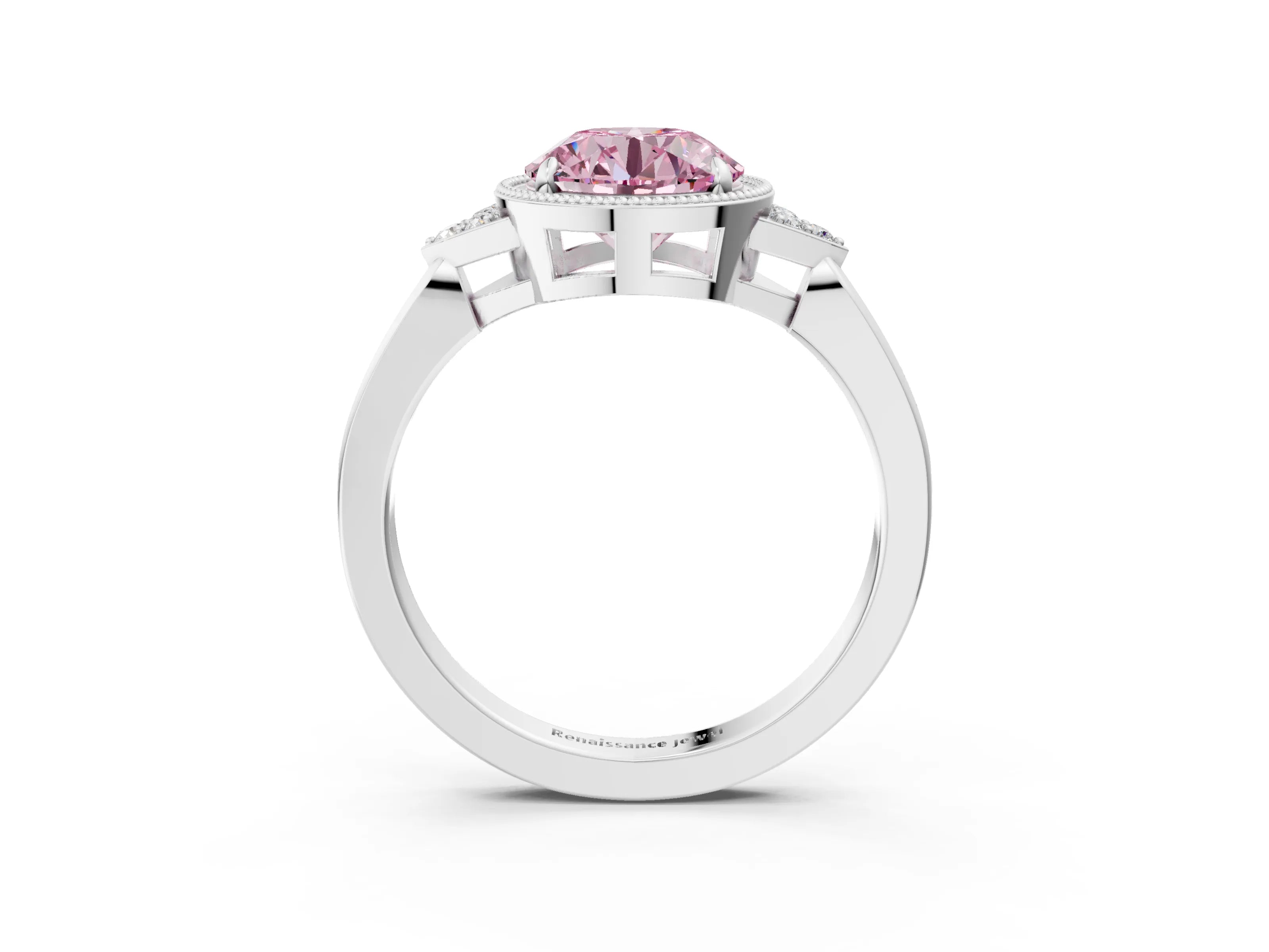 White gold Hexagonal Halo Fancy Pink Round Cut Diamond Solitaire with Pavé Band and Four-Prong Setting_18