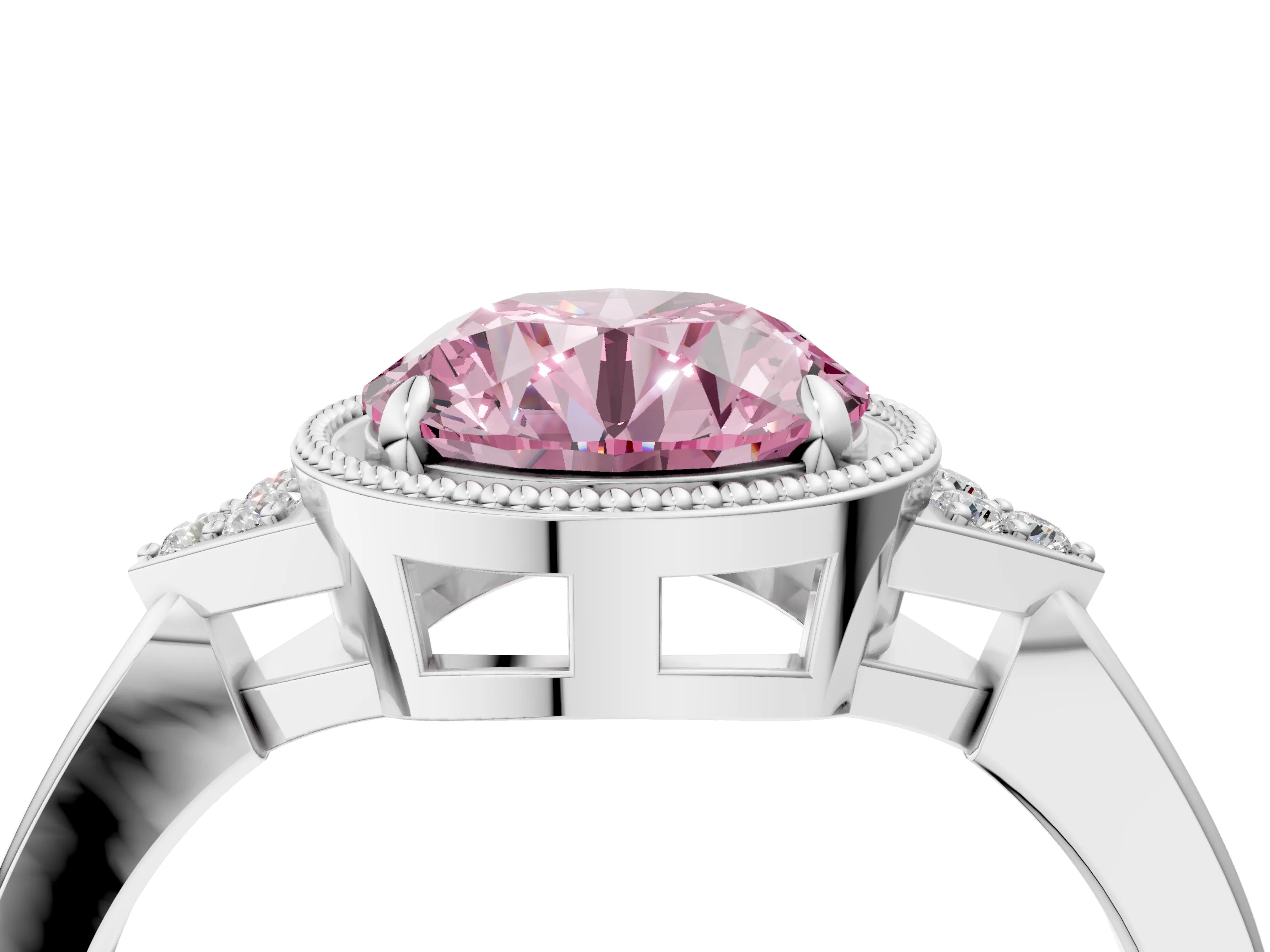 White gold Hexagonal Halo Fancy Pink Round Cut Diamond Solitaire with Pavé Band and Four-Prong Setting_19