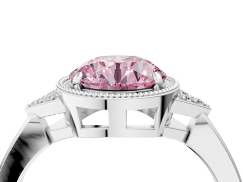 White gold Hexagonal Halo Fancy Pink Round Cut Diamond Solitaire with Pavé Band and Four-Prong Setting_19