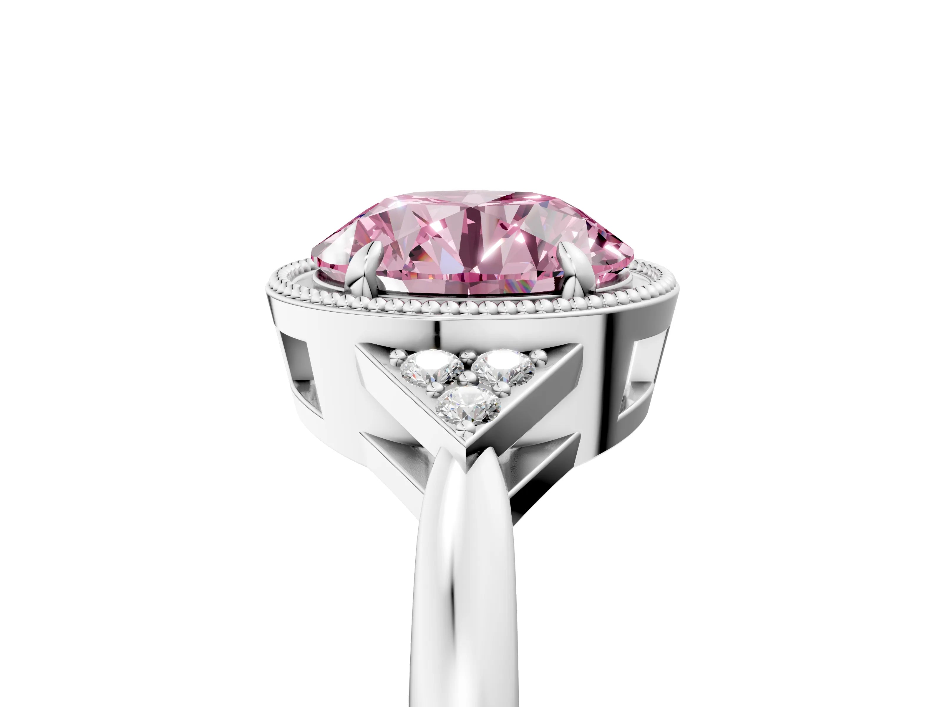 White gold Hexagonal Halo Fancy Pink Round Cut Diamond Solitaire with Pavé Band and Four-Prong Setting_20
