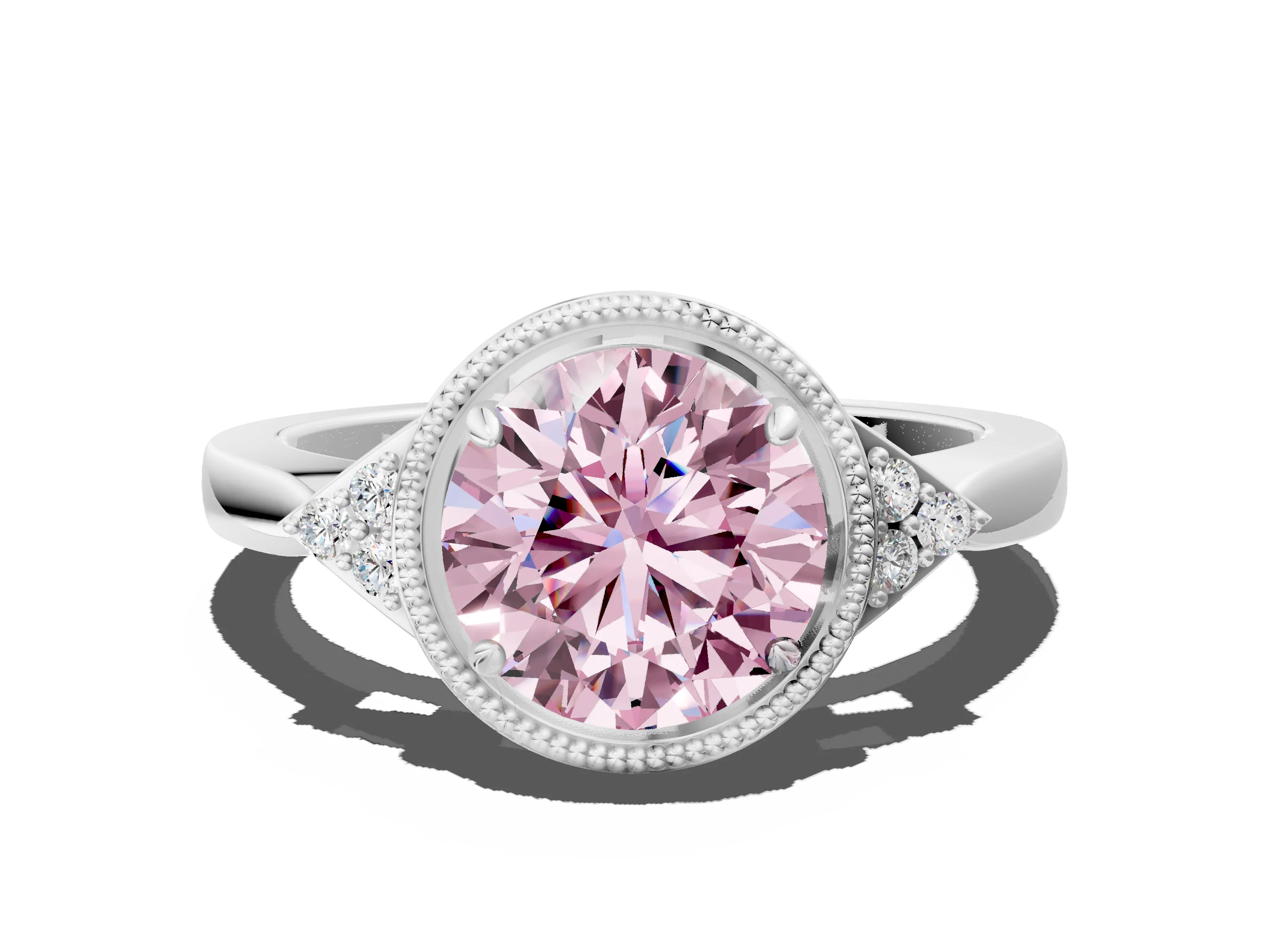 White gold Hexagonal Halo Fancy Pink Round Cut Diamond Solitaire with Pavé Band and Four-Prong Setting_3