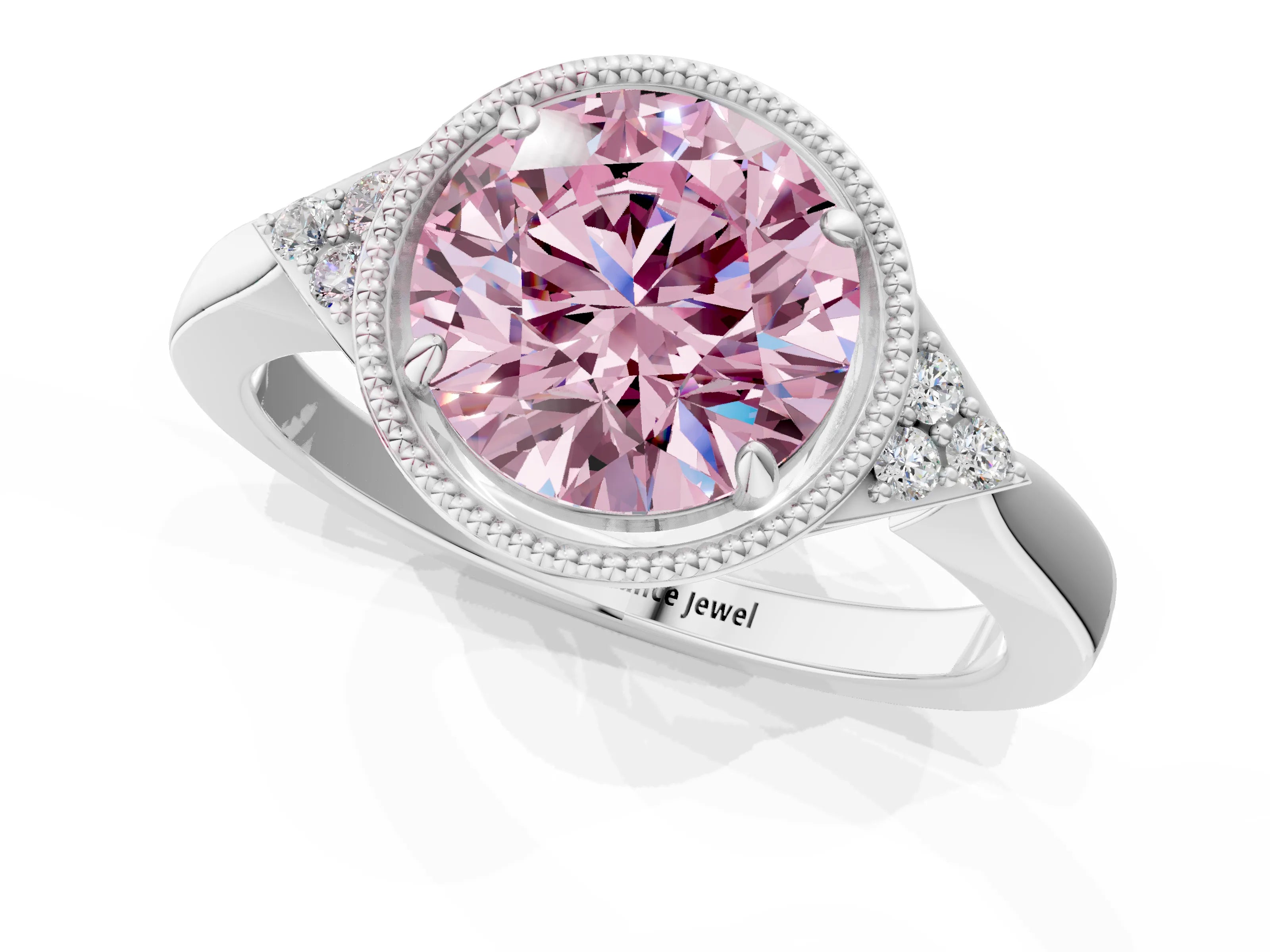 White gold Hexagonal Halo Fancy Pink Round Cut Diamond Solitaire with Pavé Band and Four-Prong Setting_4