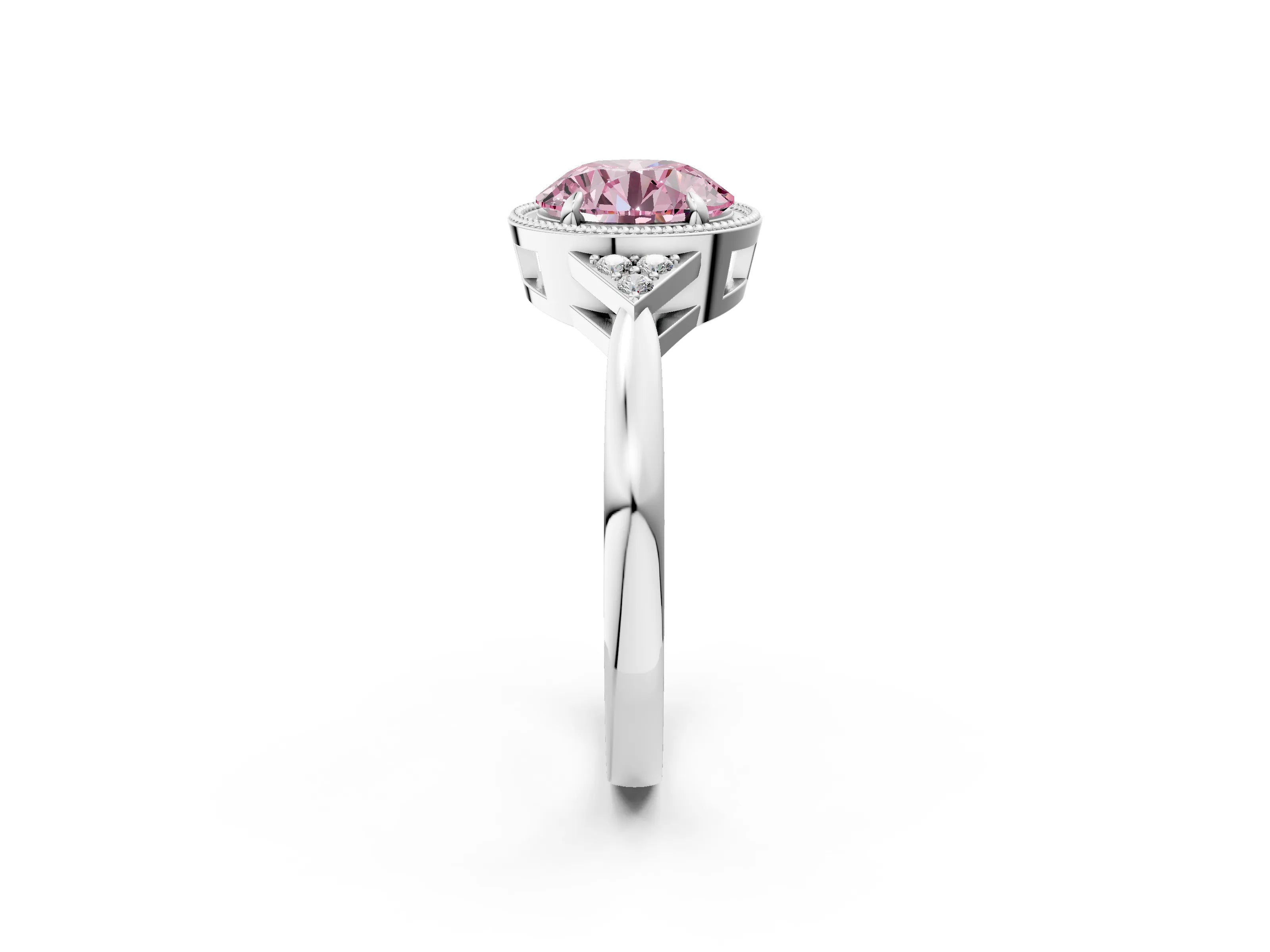 White gold Hexagonal Halo Fancy Pink Round Cut Diamond Solitaire with Pavé Band and Four-Prong Setting_5