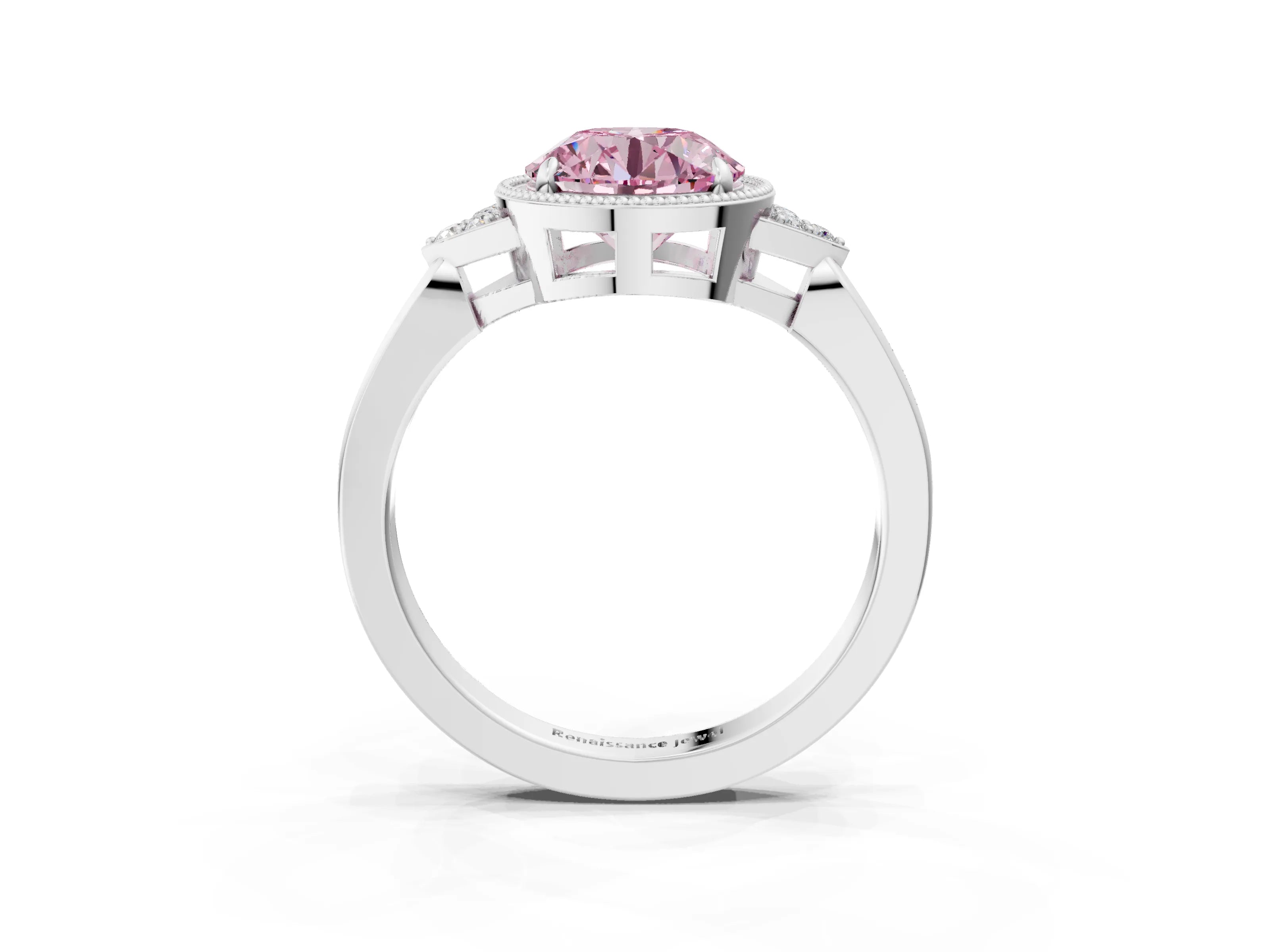 White gold Hexagonal Halo Fancy Pink Round Cut Diamond Solitaire with Pavé Band and Four-Prong Setting_6