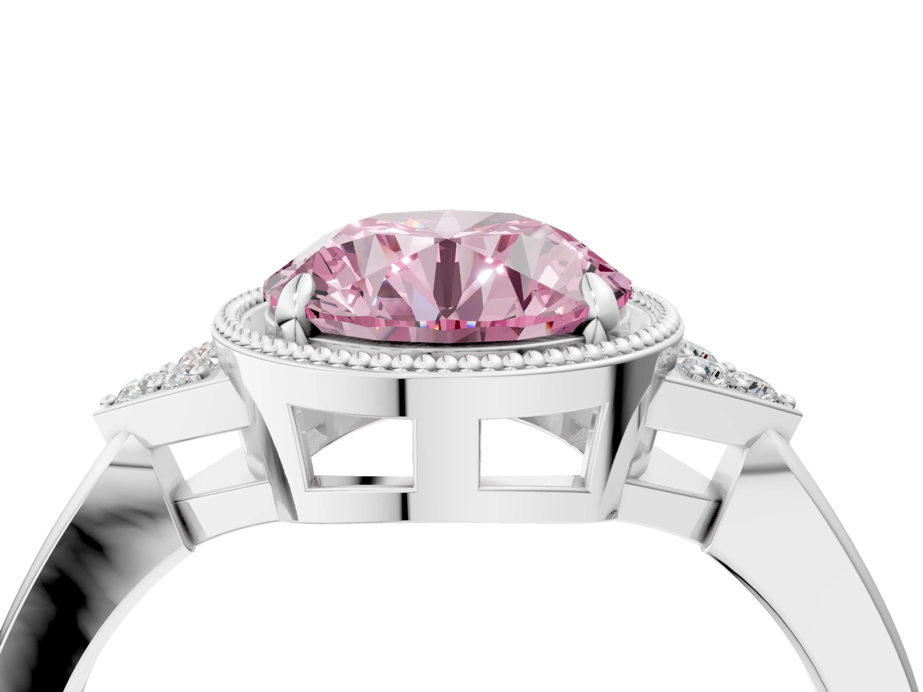 White gold Hexagonal Halo Fancy Pink Round Cut Diamond Solitaire with Pavé Band and Four-Prong Setting_7