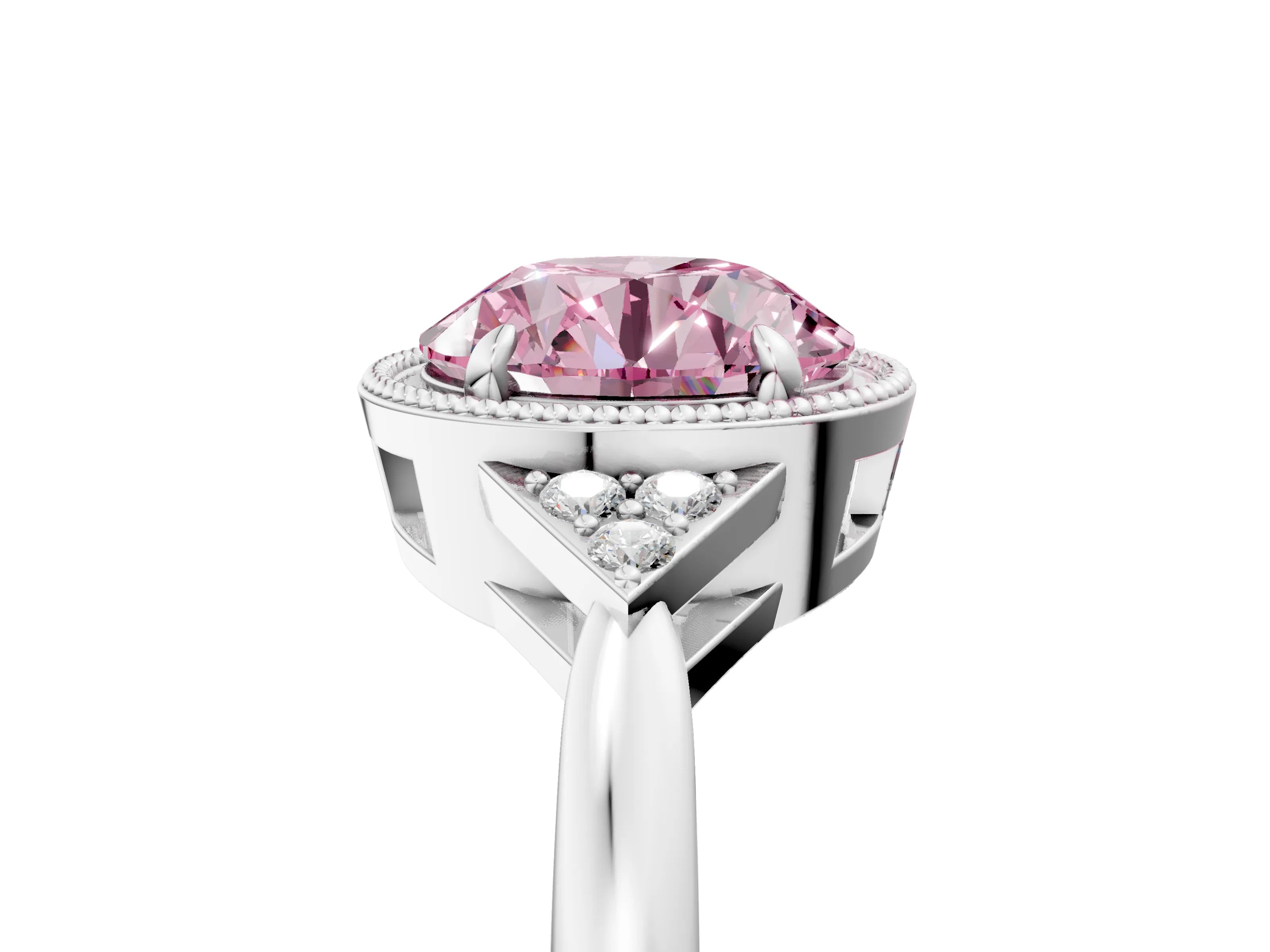 White gold Hexagonal Halo Fancy Pink Round Cut Diamond Solitaire with Pavé Band and Four-Prong Setting_8