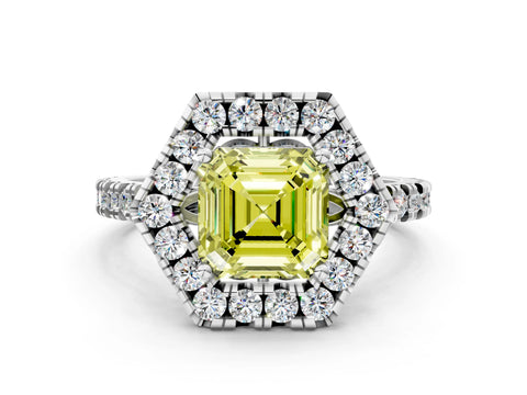 White gold Hexagonal Halo Fancy Yellow Asscher Cut Diamond Pavé Band with Four-Prong Setting