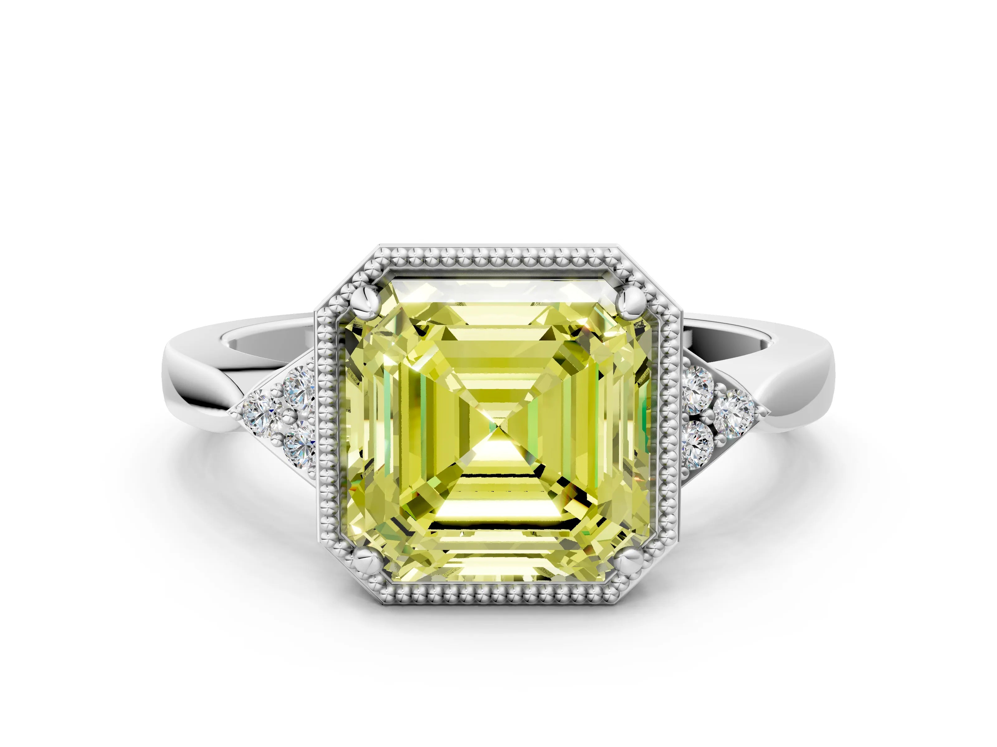 White gold Hexagonal Halo Fancy Yellow Asscher Cut Diamond Solitaire with Pavé Band and Four-Prong Setting_15