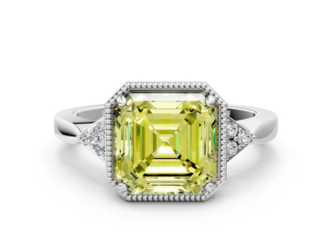 White gold Hexagonal Halo Fancy Yellow Asscher Cut Diamond Solitaire with Pavé Band and Four-Prong Setting_15