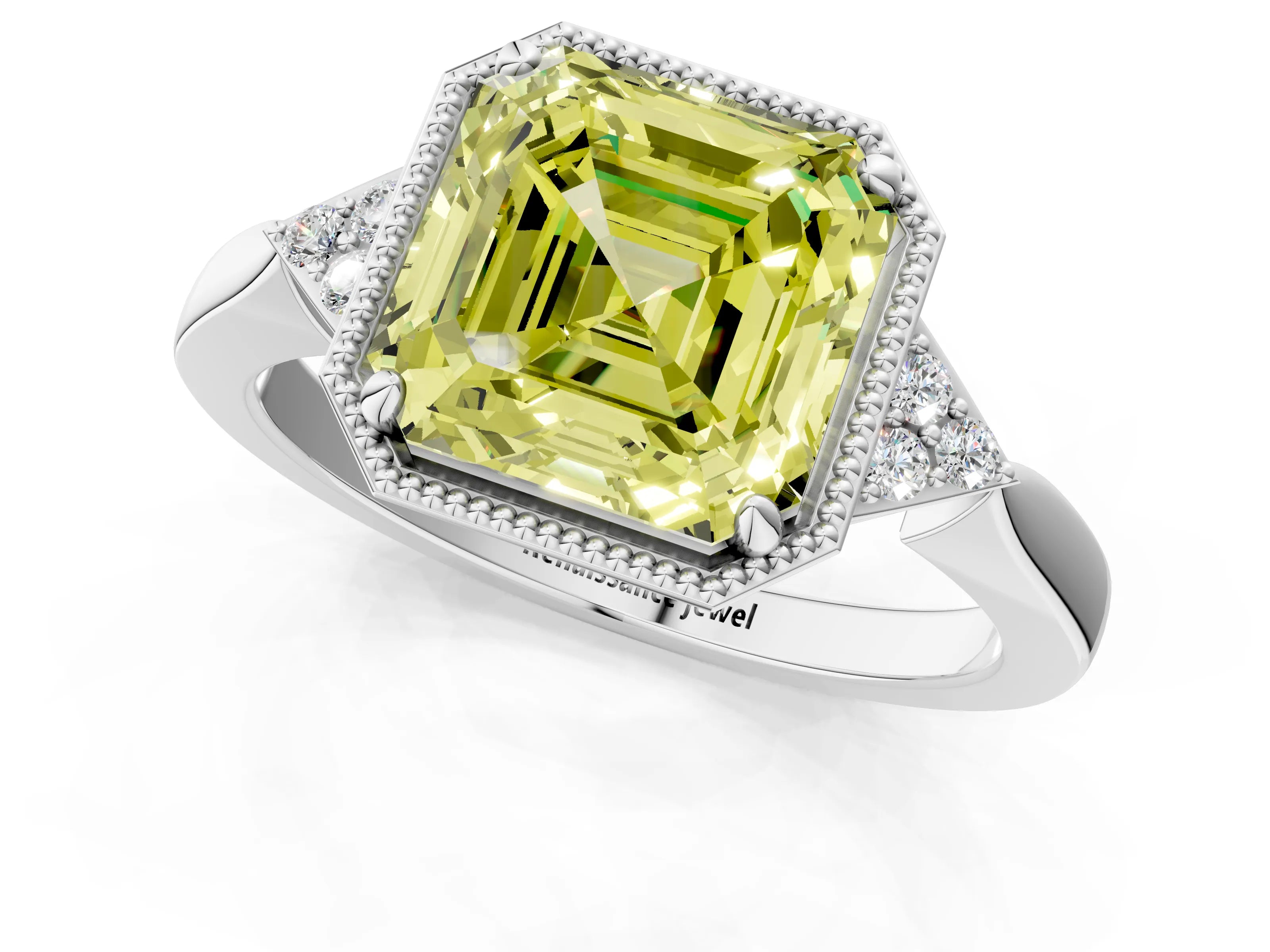 White gold Hexagonal Halo Fancy Yellow Asscher Cut Diamond Solitaire with Pavé Band and Four-Prong Setting_16