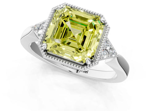 White gold Hexagonal Halo Fancy Yellow Asscher Cut Diamond Solitaire with Pavé Band and Four-Prong Setting_16