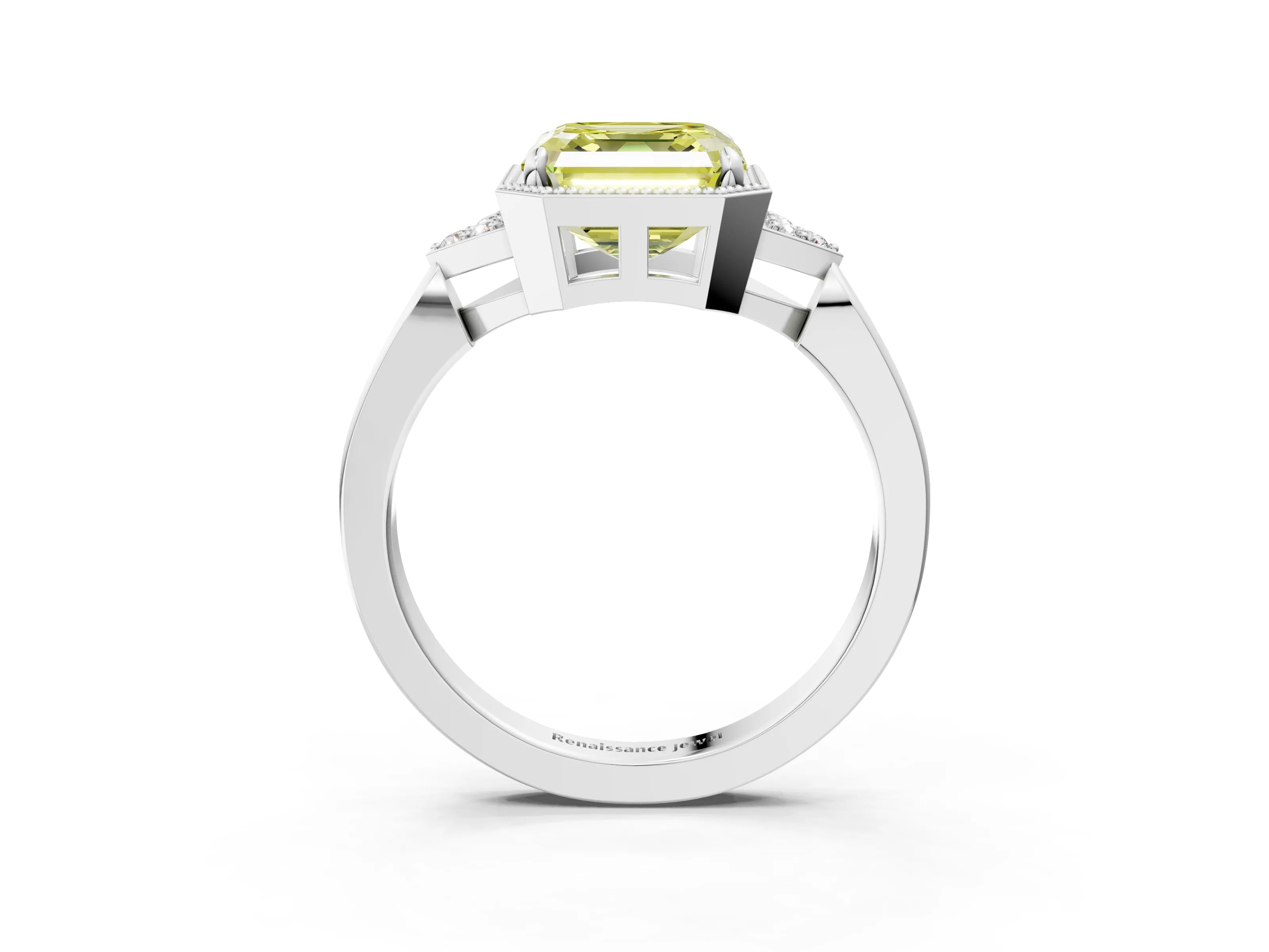 White gold Hexagonal Halo Fancy Yellow Asscher Cut Diamond Solitaire with Pavé Band and Four-Prong Setting_18