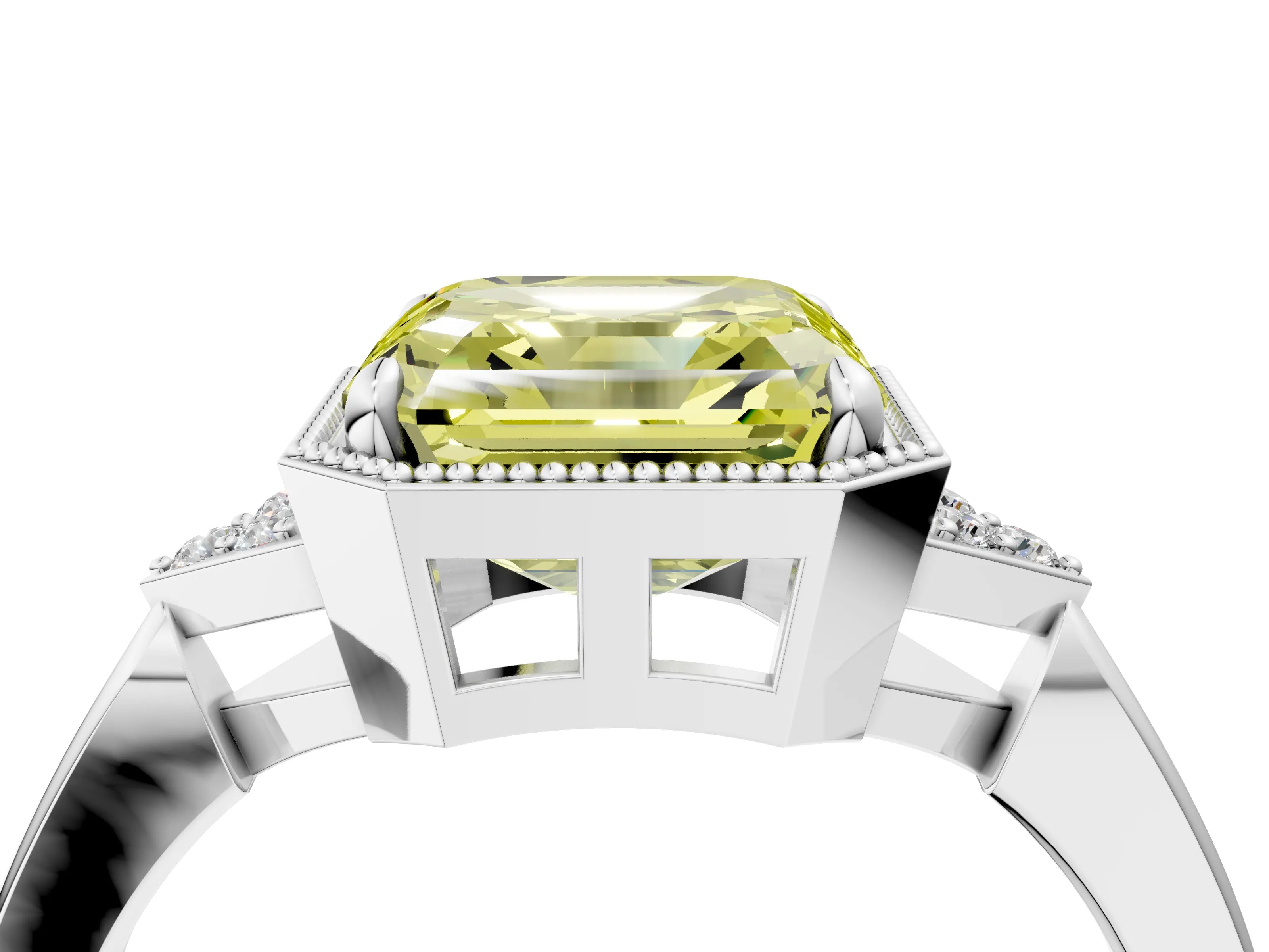 White gold Hexagonal Halo Fancy Yellow Asscher Cut Diamond Solitaire with Pavé Band and Four-Prong Setting_19