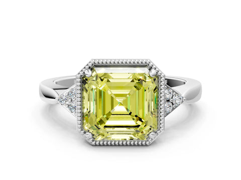White gold Hexagonal Halo Fancy Yellow Asscher Cut Diamond Solitaire with Pavé Band and Four-Prong Setting_3