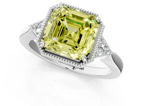 White gold Hexagonal Halo Fancy Yellow Asscher Cut Diamond Solitaire with Pavé Band and Four-Prong Setting_4