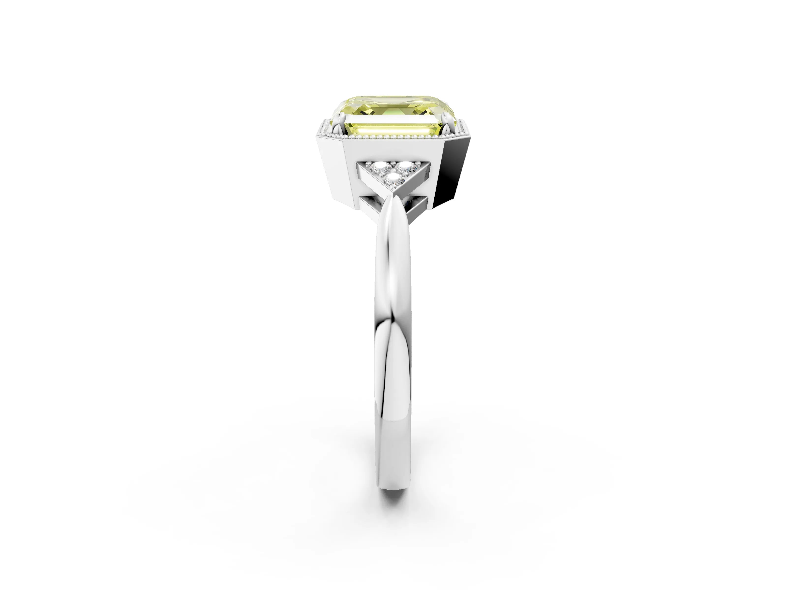 White gold Hexagonal Halo Fancy Yellow Asscher Cut Diamond Solitaire with Pavé Band and Four-Prong Setting_5
